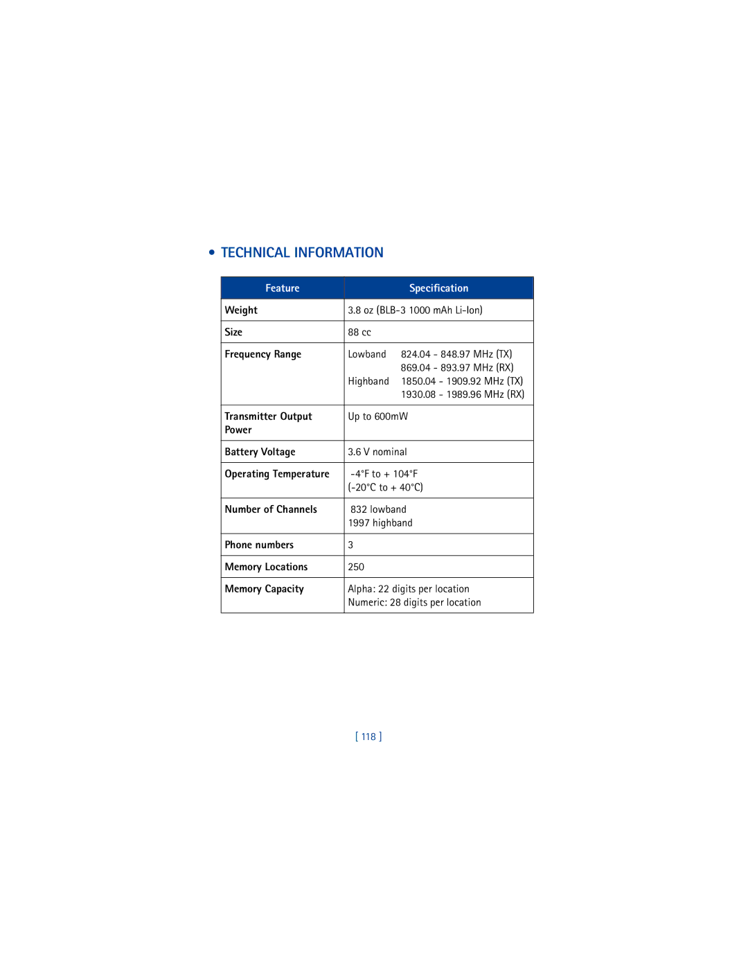 Nokia 8265i warranty Technical Information, Feature Specification 