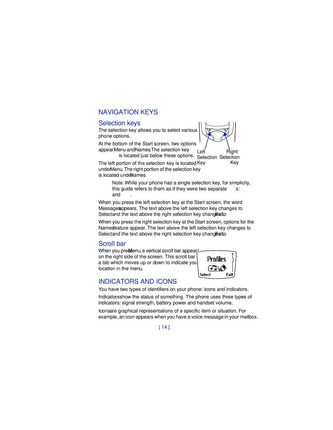 Nokia 8265i warranty Navigation Keys, Selection keys, Scroll bar, Indicators and Icons 