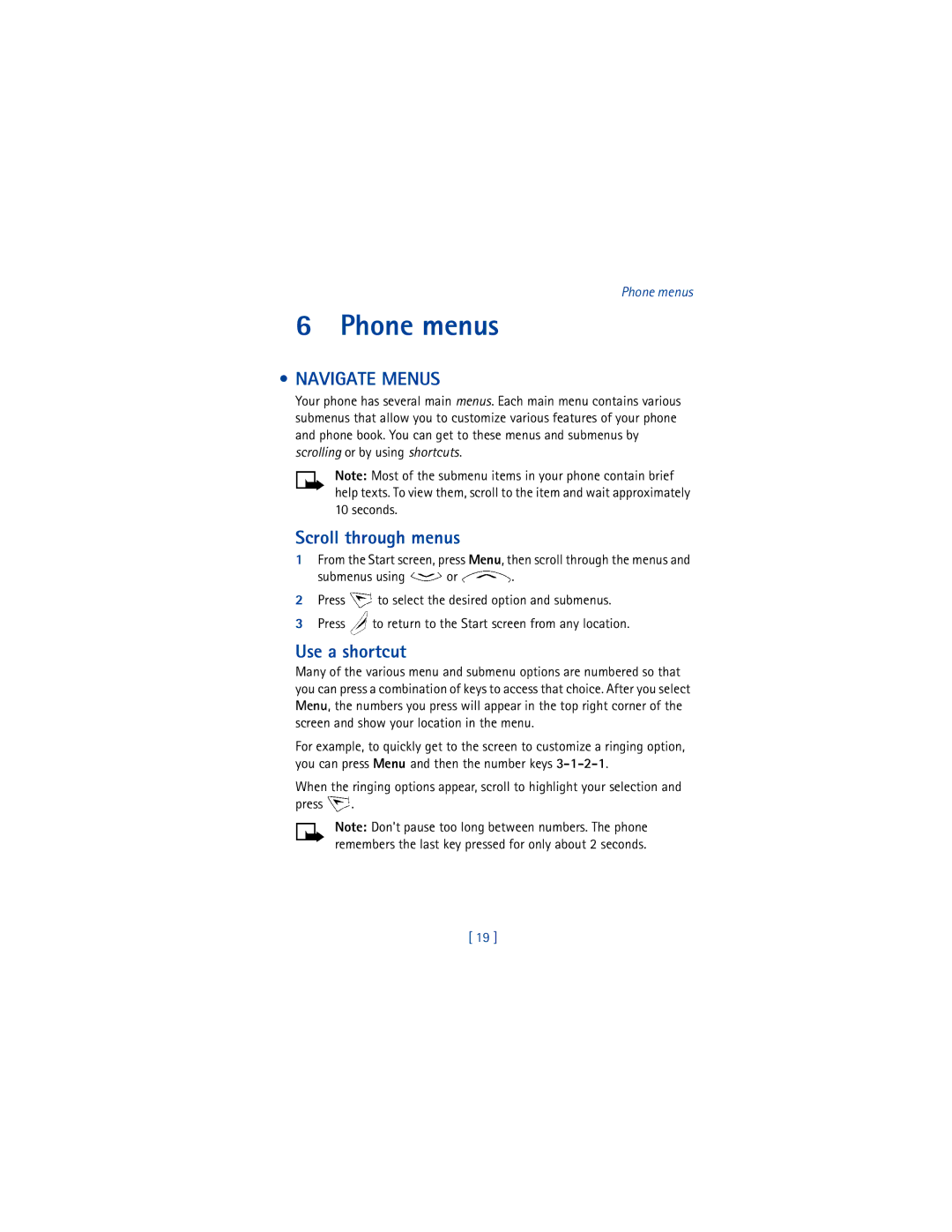 Nokia 8265i warranty Phone menus, Navigate Menus, Scroll through menus, Use a shortcut 