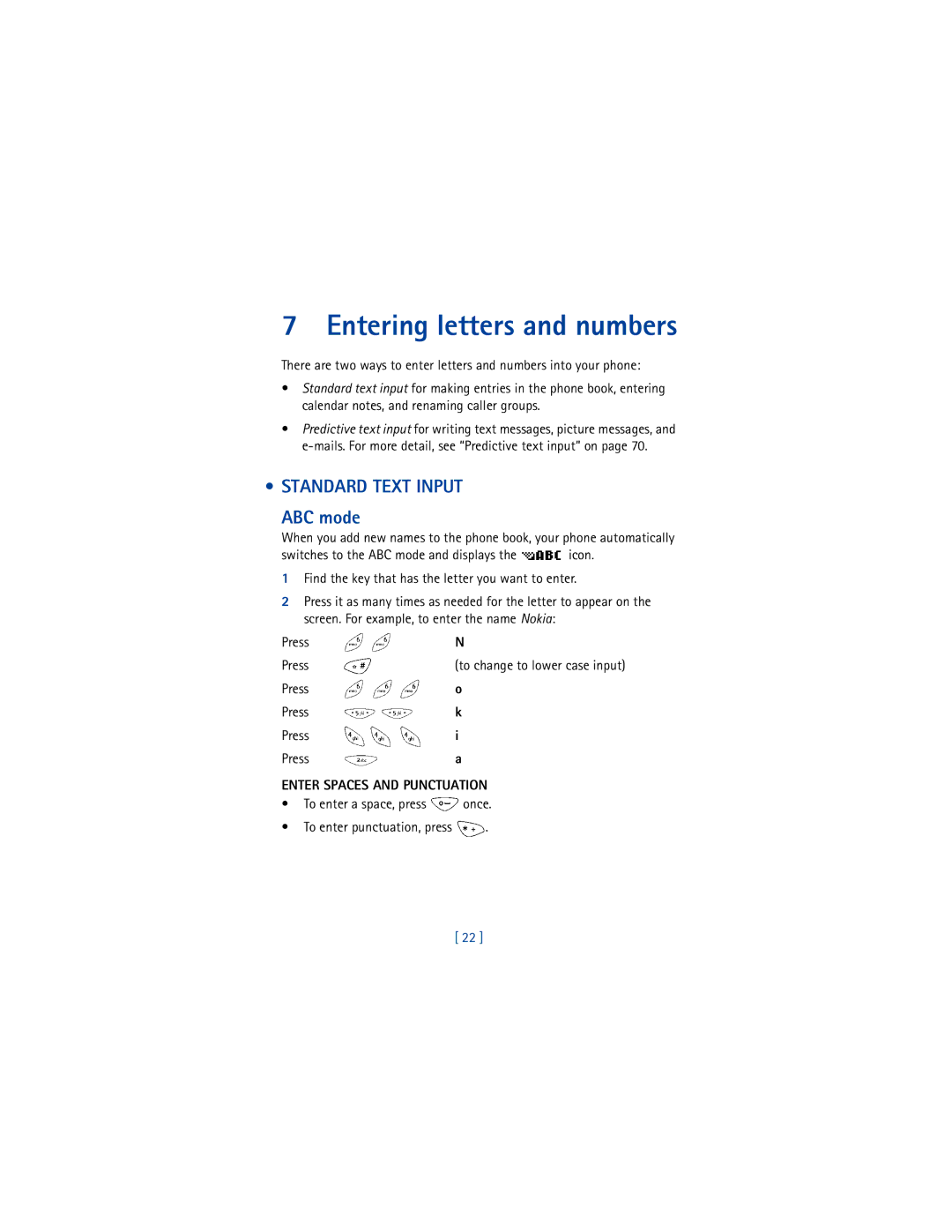 Nokia 8265i warranty Entering letters and numbers, Standard Text Input ABC mode, Enter Spaces and Punctuation 