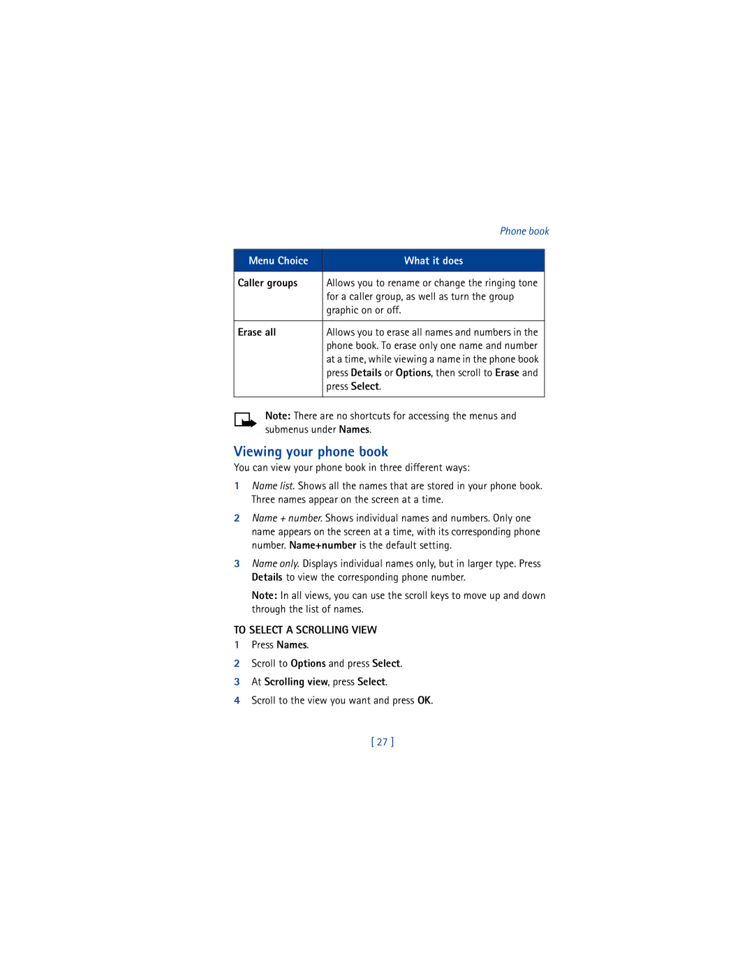 Nokia 8265i Viewing your phone book, Caller groups, Erase all, To Select a Scrolling View, At Scrolling view, press Select 