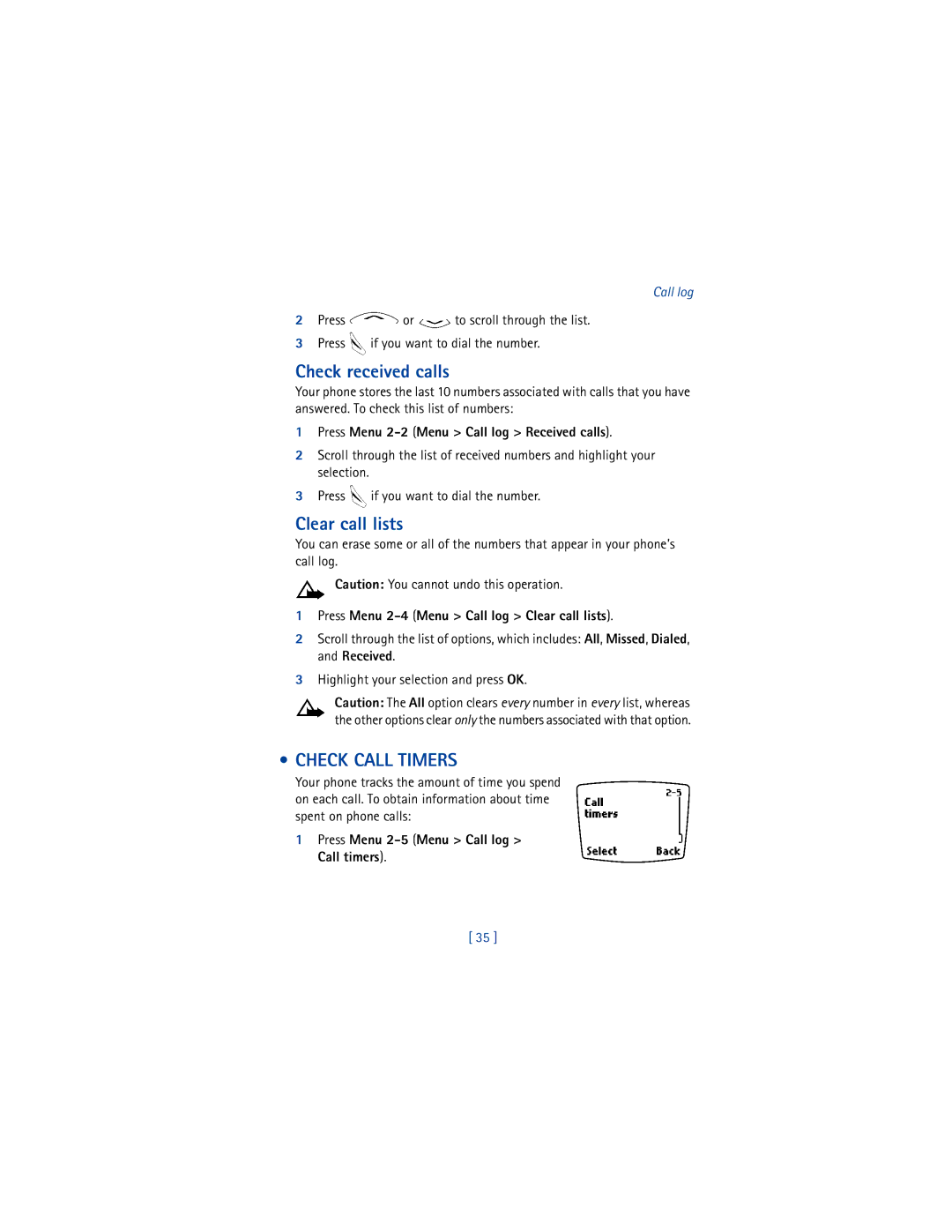 Nokia 8265i warranty Check received calls, Clear call lists, Check Call Timers 