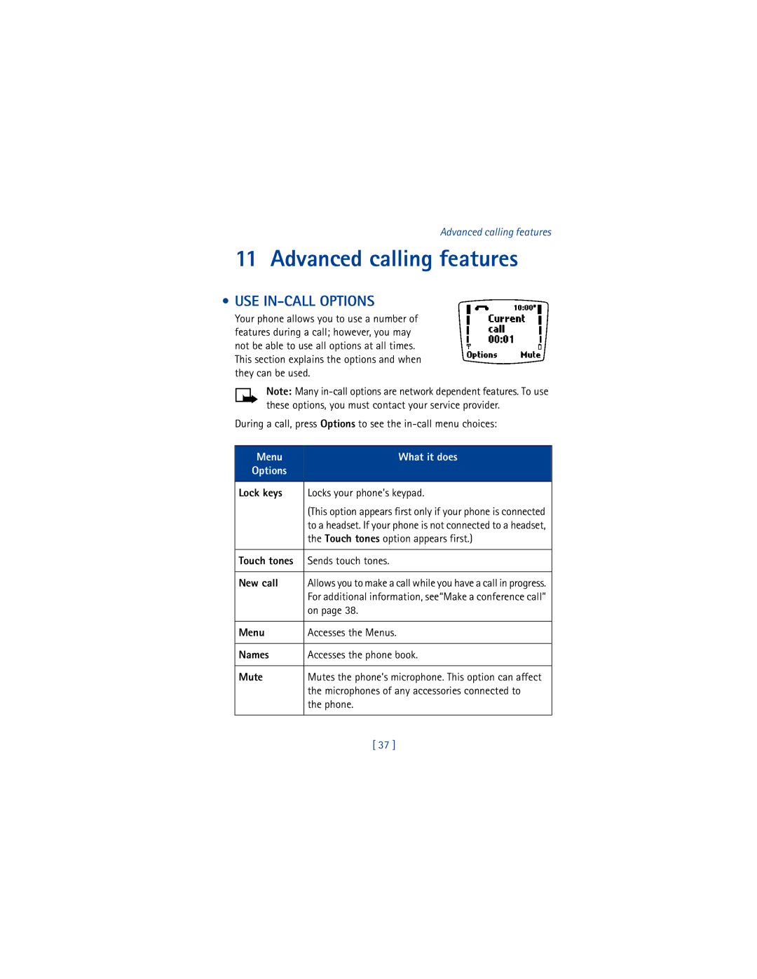 Nokia 8265i warranty Advanced calling features, USE IN-CALL Options, Menu What it does Options 