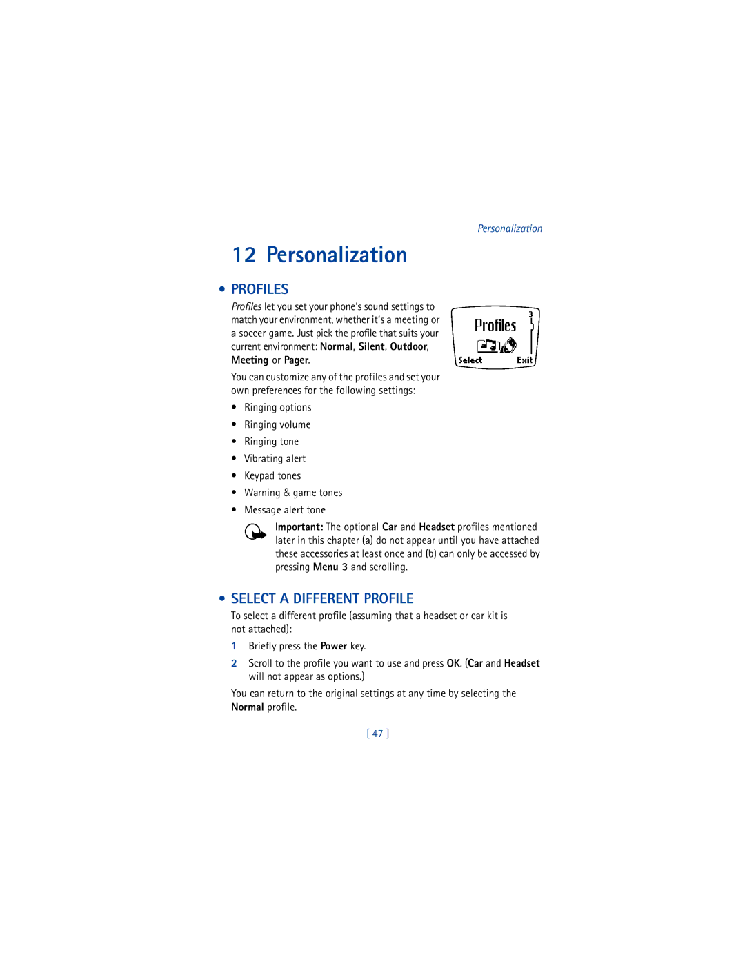 Nokia 8265i warranty Personalization, Profiles, Select a Different Profile 