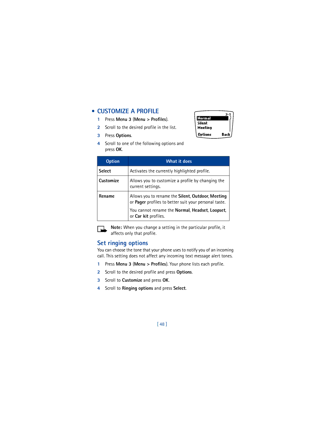 Nokia 8265i warranty Customize a Profile, Set ringing options 