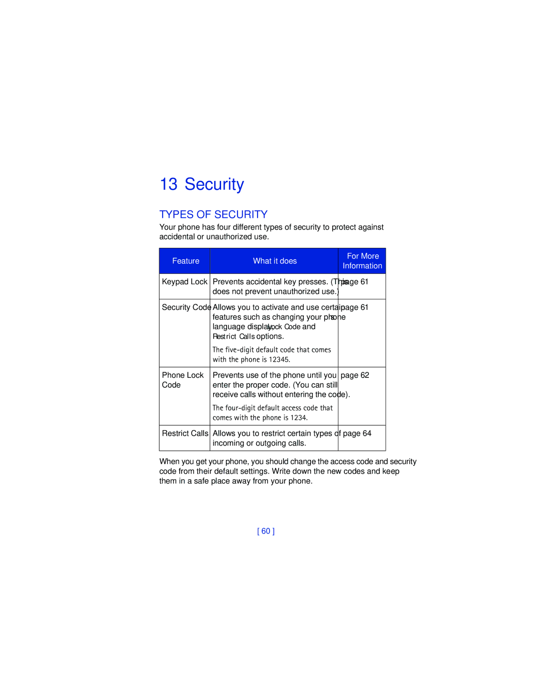 Nokia 8265i warranty Types of Security, Feature What it does For More Information 