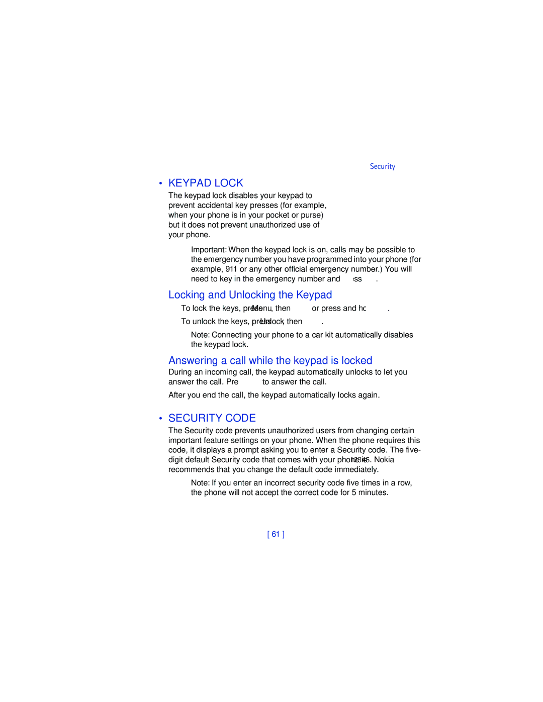 Nokia 8265i Keypad Lock, Locking and Unlocking the Keypad, Answering a call while the keypad is locked, Security Code 