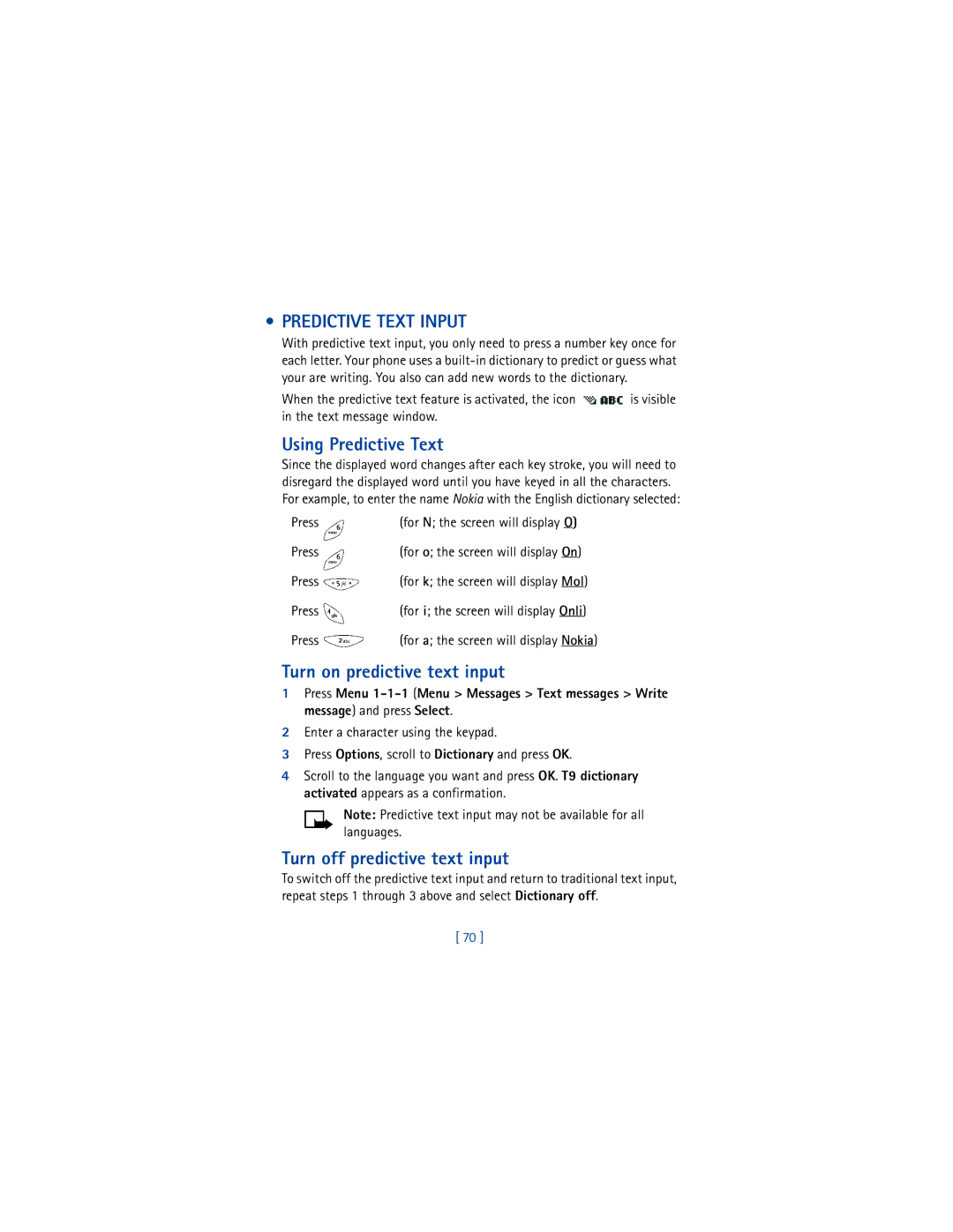 Nokia 8265i Predictive Text Input, Using Predictive Text, Turn on predictive text input, Turn off predictive text input 