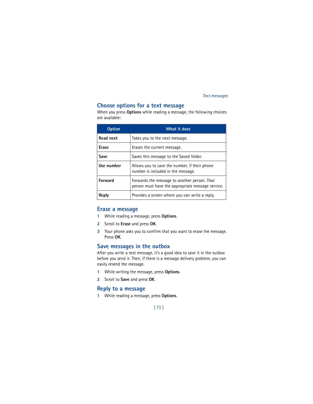 Nokia 8265i warranty Choose options for a text message, Erase a message, Save messages in the outbox, Reply to a message 