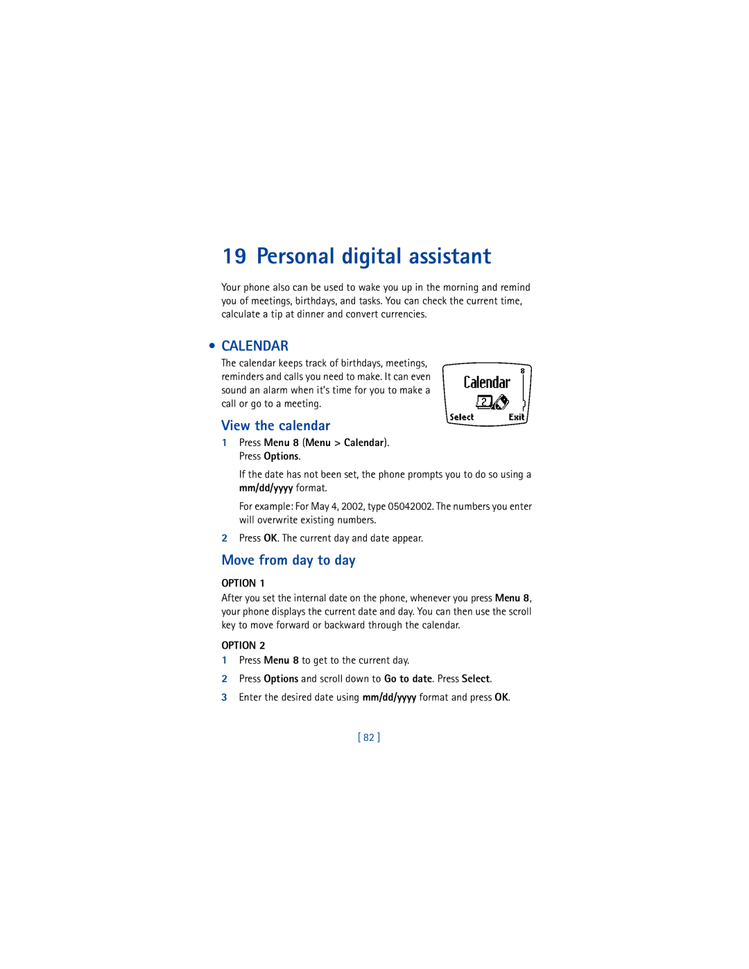 Nokia 8265i warranty Personal digital assistant, Calendar, View the calendar, Move from day to day, Option 