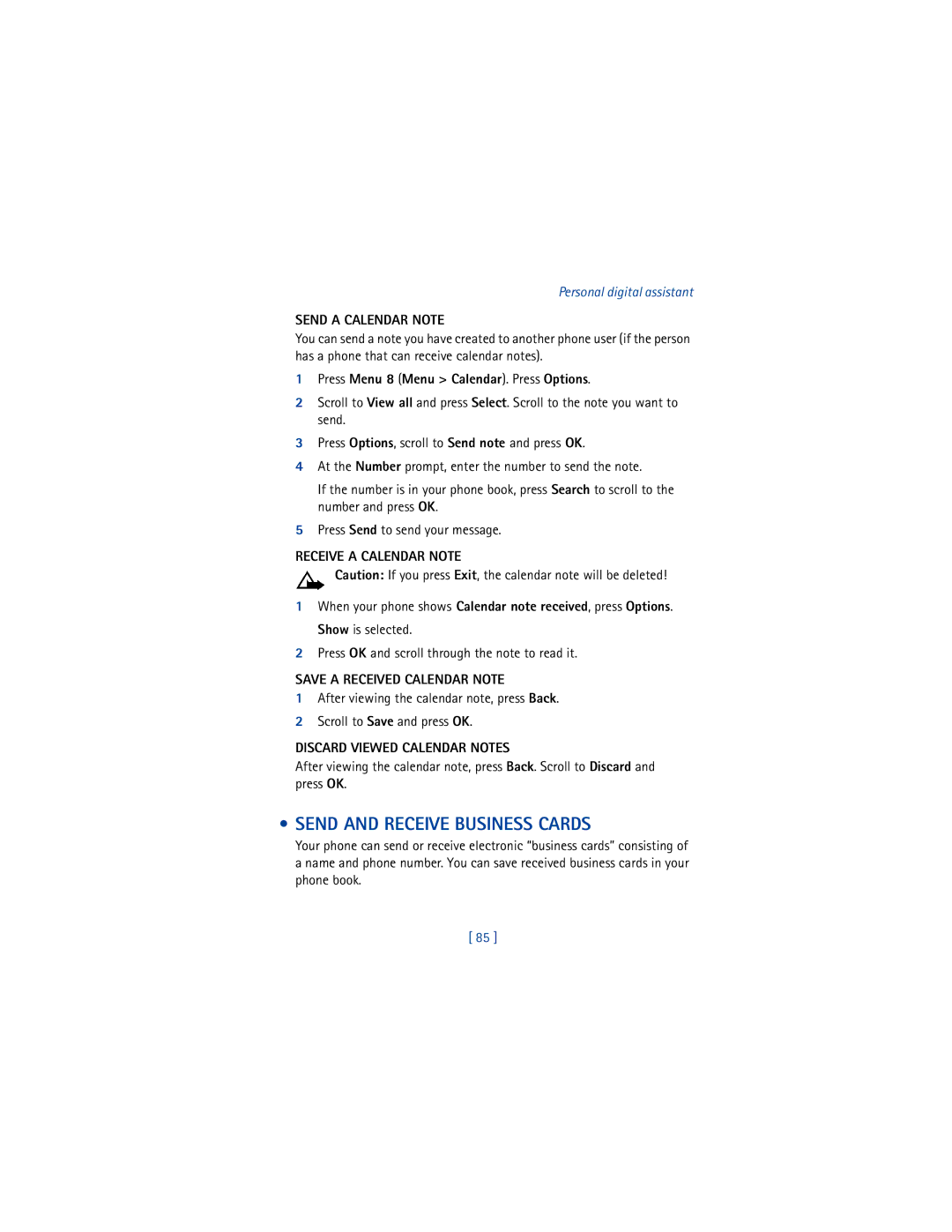 Nokia 8265i Send and Receive Business Cards, Send a Calendar Note, Receive a Calendar Note, Save a Received Calendar Note 