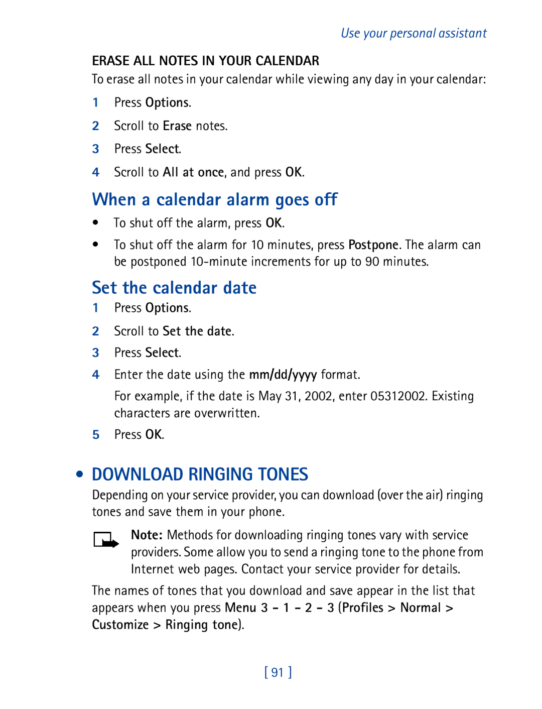 Nokia 8270 When a calendar alarm goes off, Set the calendar date, Download Ringing Tones, Erase ALL Notes in Your Calendar 