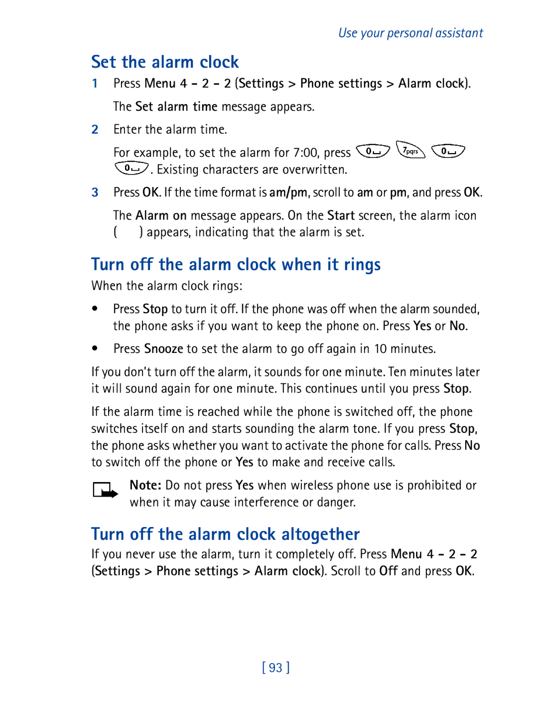 Nokia 8270 warranty Set the alarm clock, Turn off the alarm clock when it rings, Turn off the alarm clock altogether 