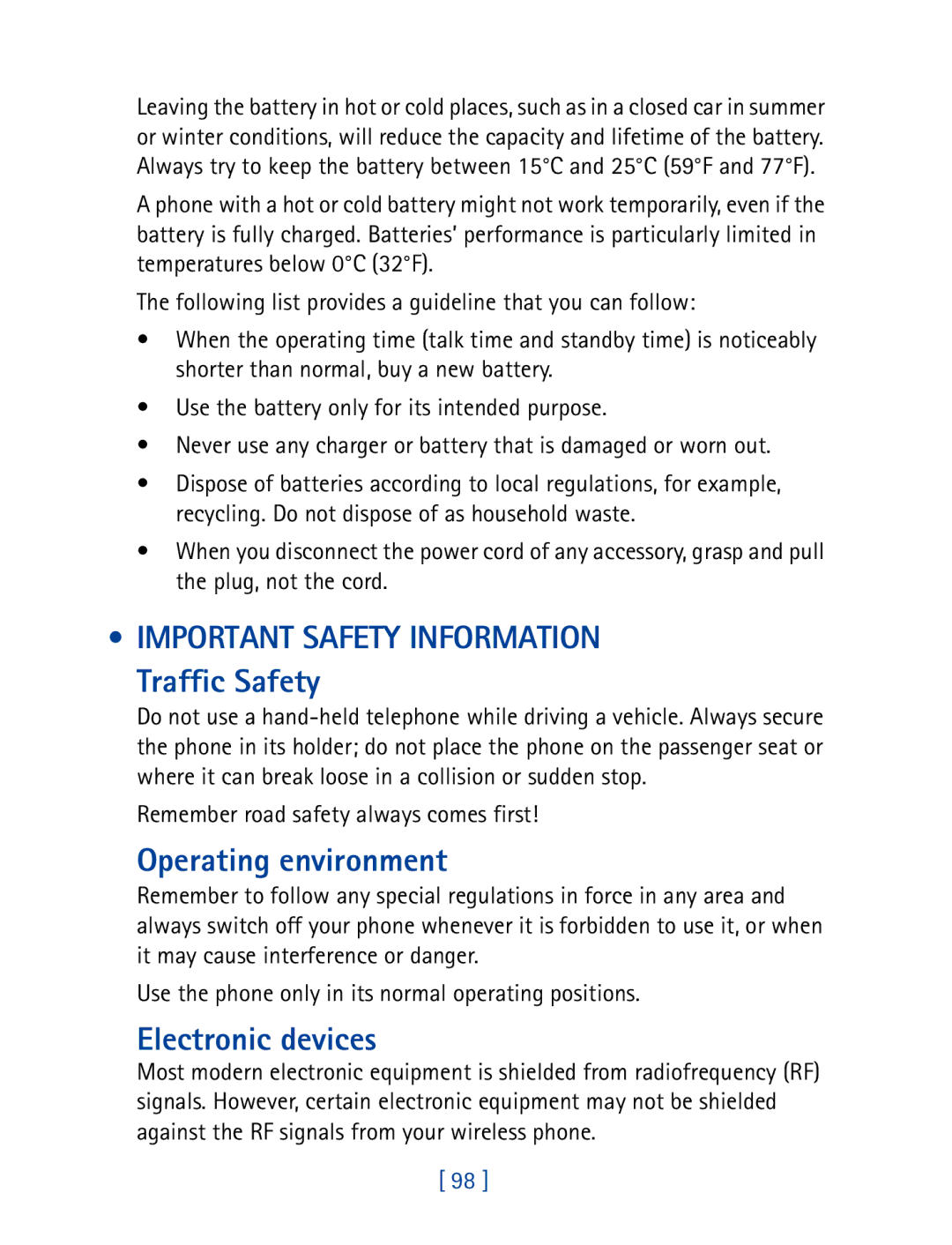 Nokia 8270 warranty Important Safety Information Traffic Safety, Operating environment, Electronic devices 