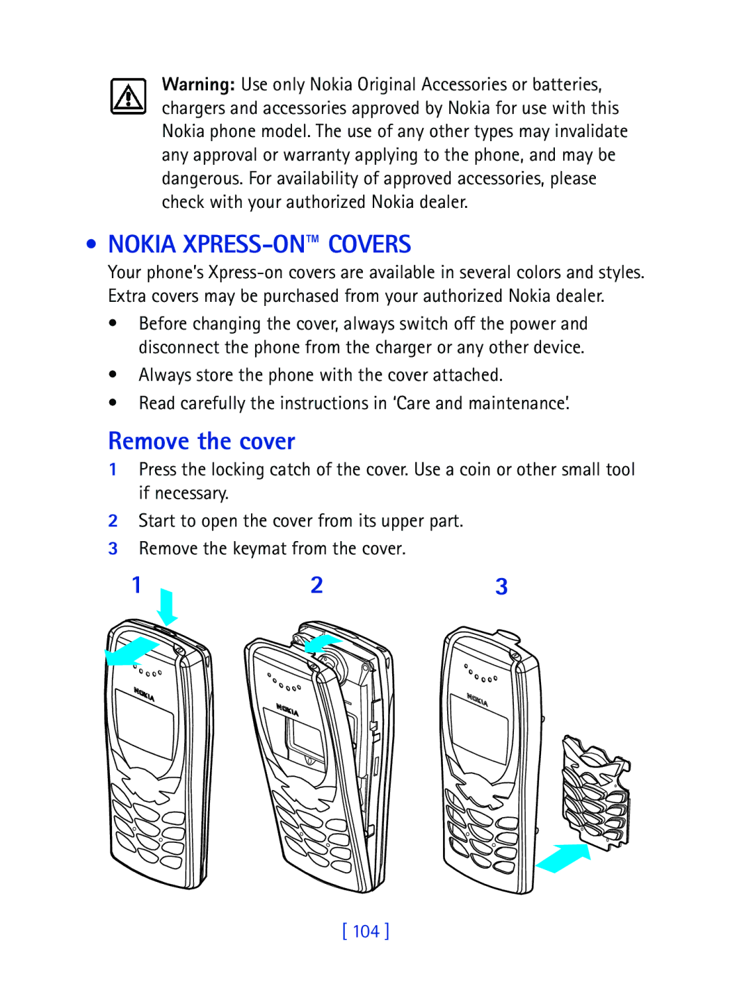 Nokia 8270 warranty Nokia XPRESS-ON Covers, Remove the cover 