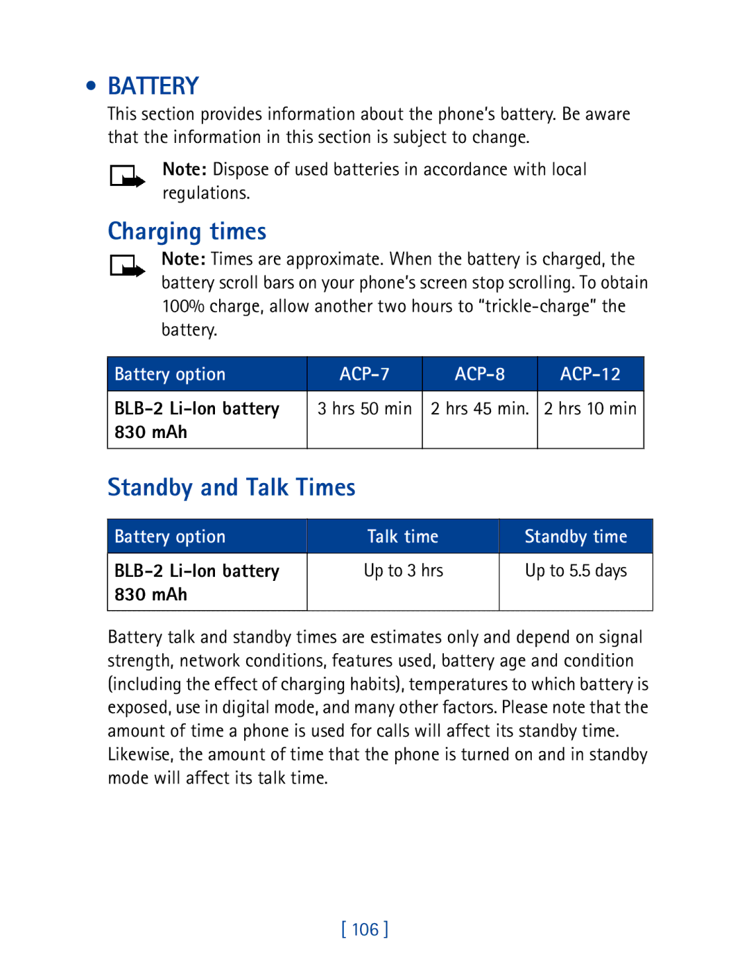 Nokia 8270 warranty Battery, Charging times, Standby and Talk Times 