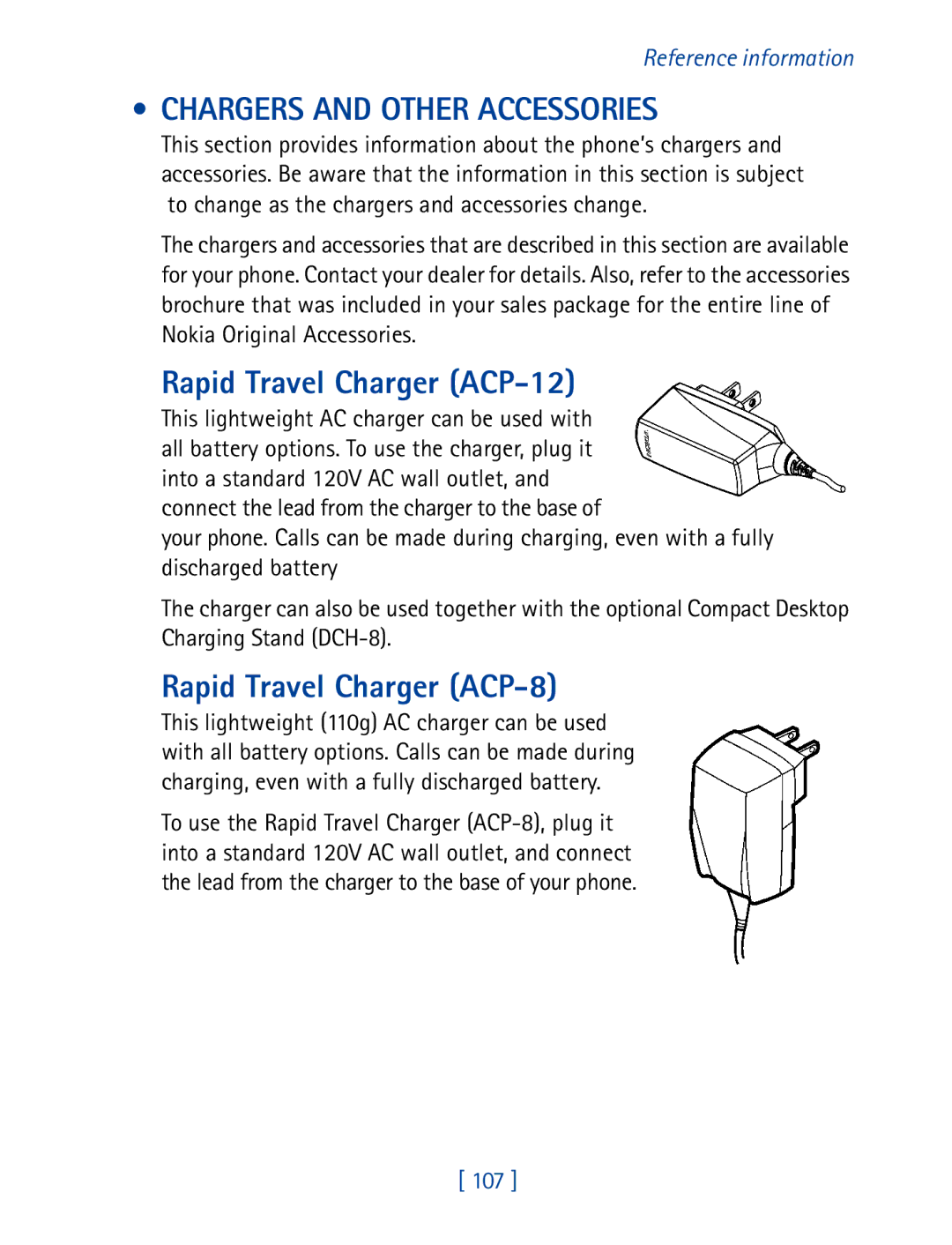 Nokia 8270 warranty Chargers and Other Accessories, Rapid Travel Charger ACP-12, Rapid Travel Charger ACP-8 