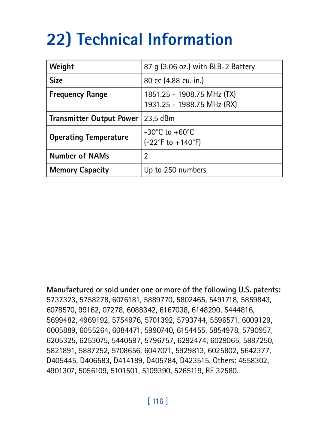 Nokia 8270 warranty Technical Information, Weight, Size, Frequency Range, Number of NAMs Memory Capacity 