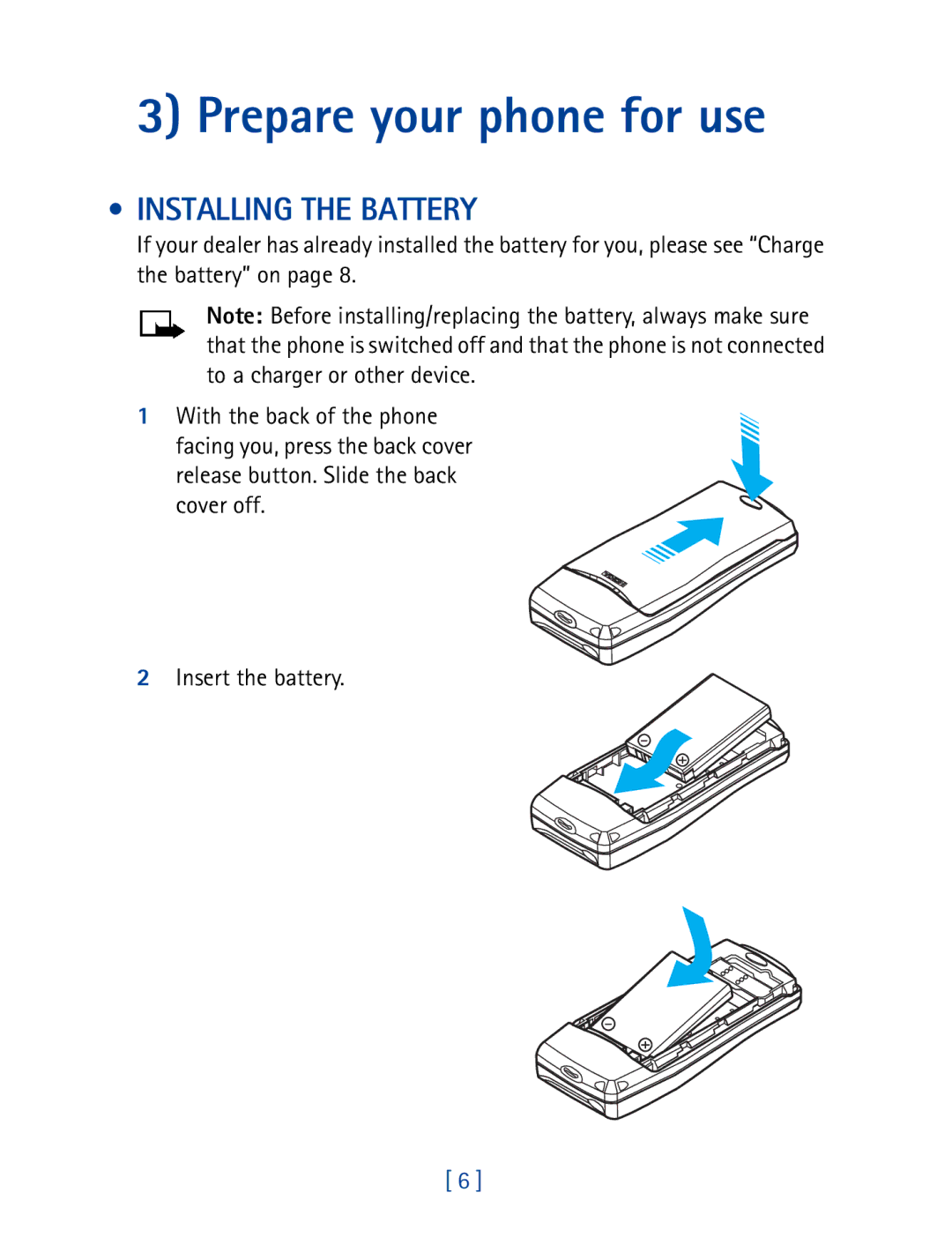 Nokia 8270 warranty Prepare your phone for use, Installing the Battery 