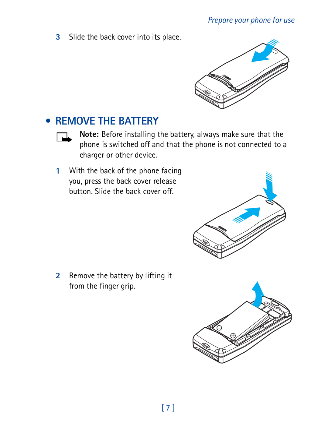 Nokia 8270 warranty Remove the Battery, Slide the back cover into its place, With the back of the phone facing 