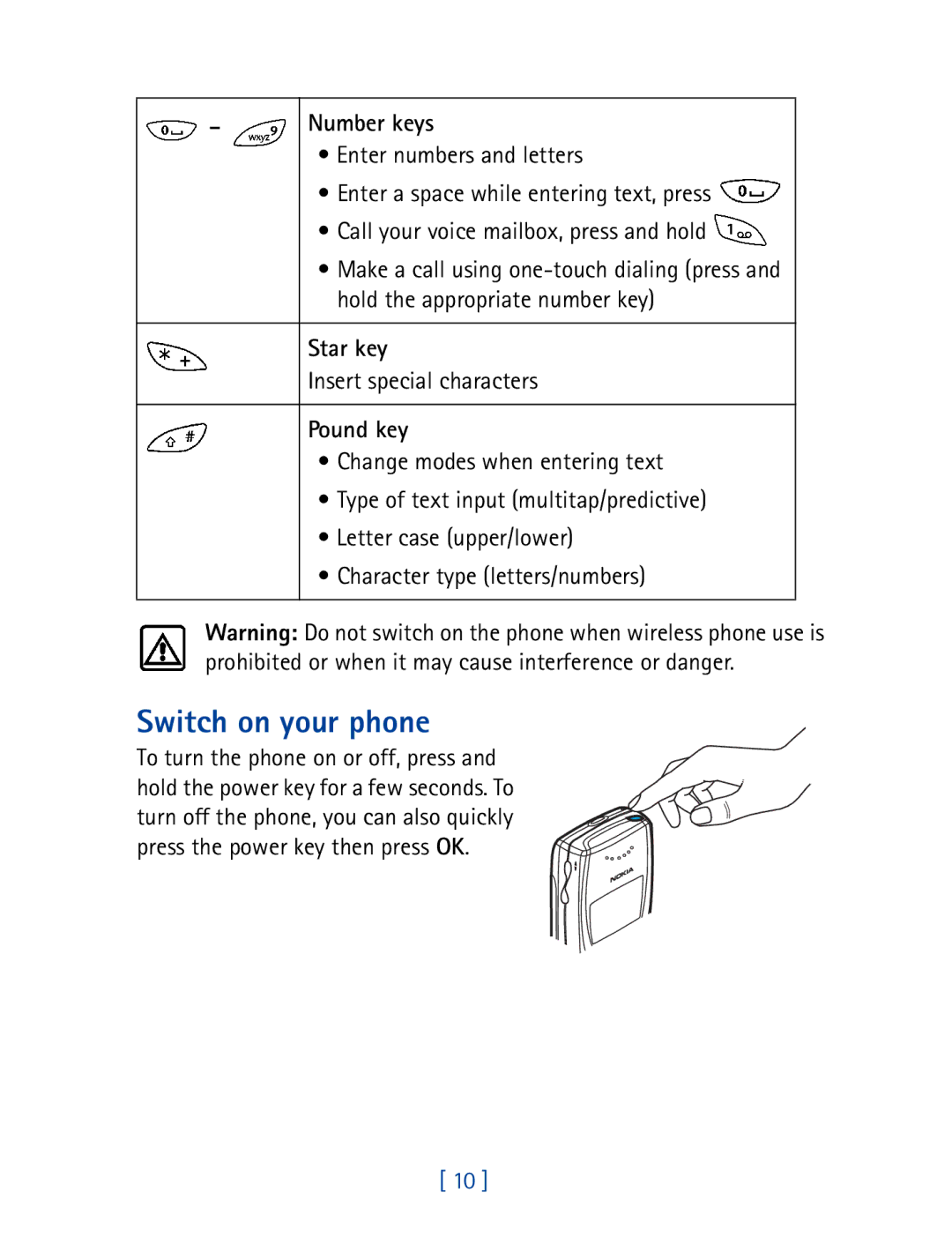 Nokia 8270 warranty Switch on your phone, Number keys, Pound key 