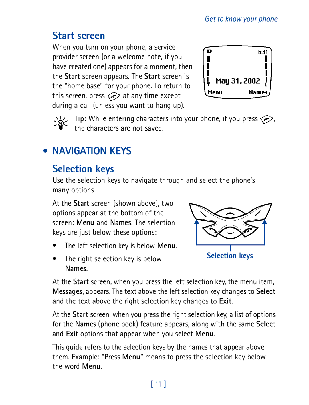 Nokia 8270 warranty Start screen, Navigation Keys, Selection keys, Right selection key is below, Names 