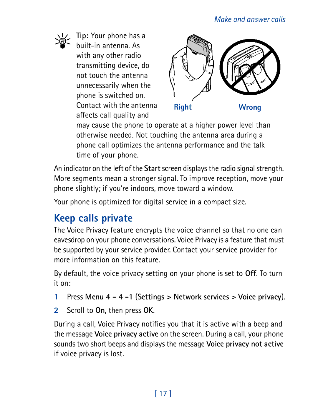 Nokia 8270 warranty Keep calls private, Scroll to On, then press OK 