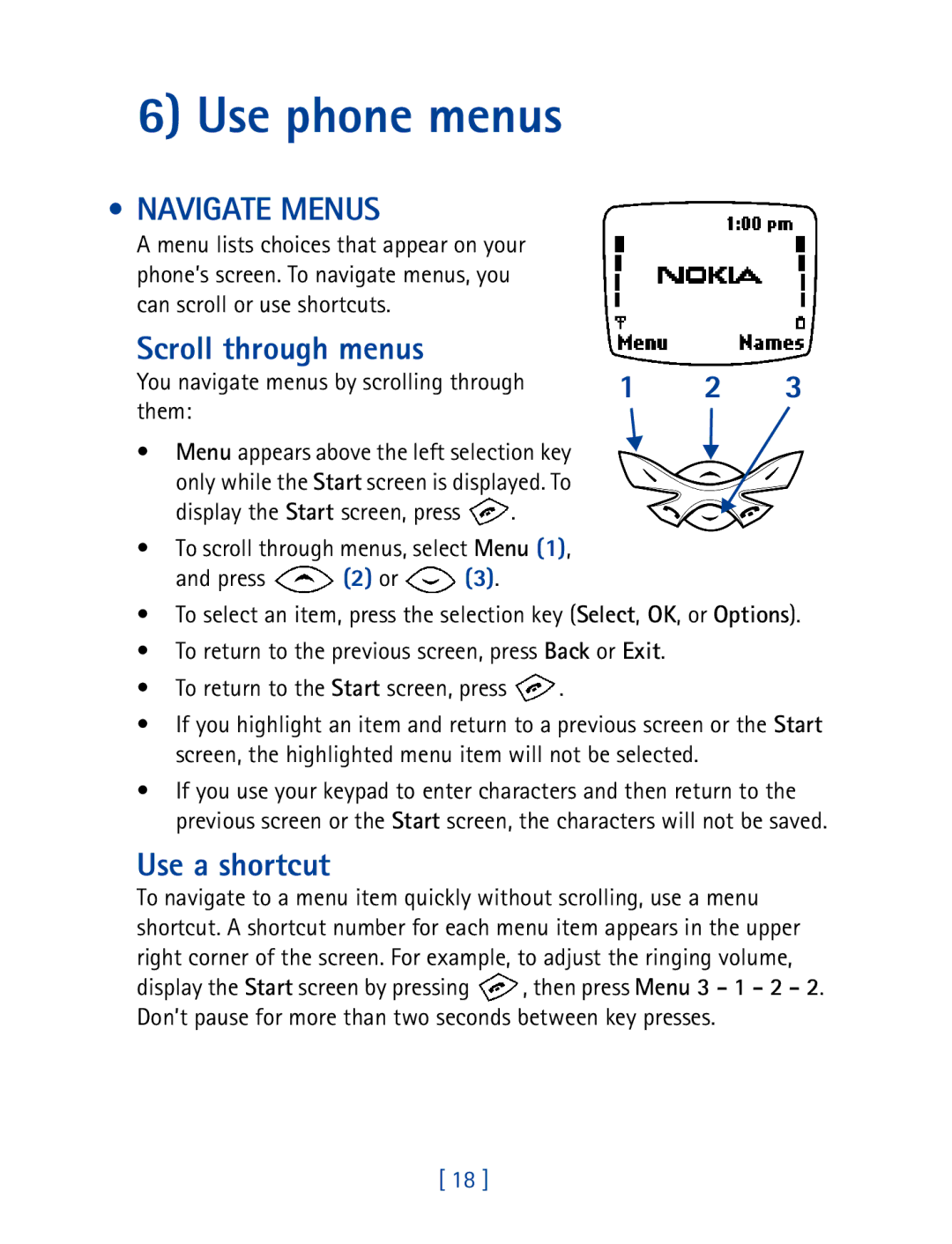 Nokia 8270 warranty Use phone menus, Navigate Menus, Scroll through menus, Use a shortcut 