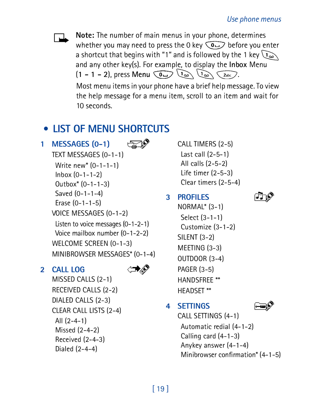 Nokia 8270 warranty List of Menu Shortcuts, 2, press Menu, Seconds 