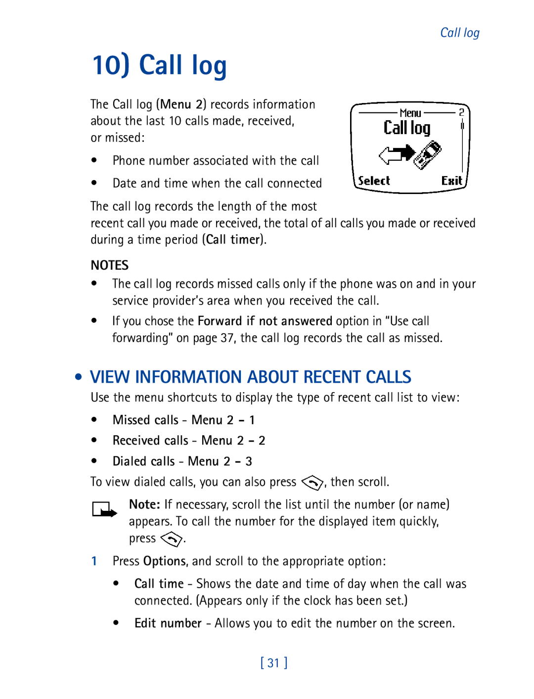 Nokia 8270 warranty Call log, View Information about Recent Calls, Edit number Allows you to edit the number on the screen 