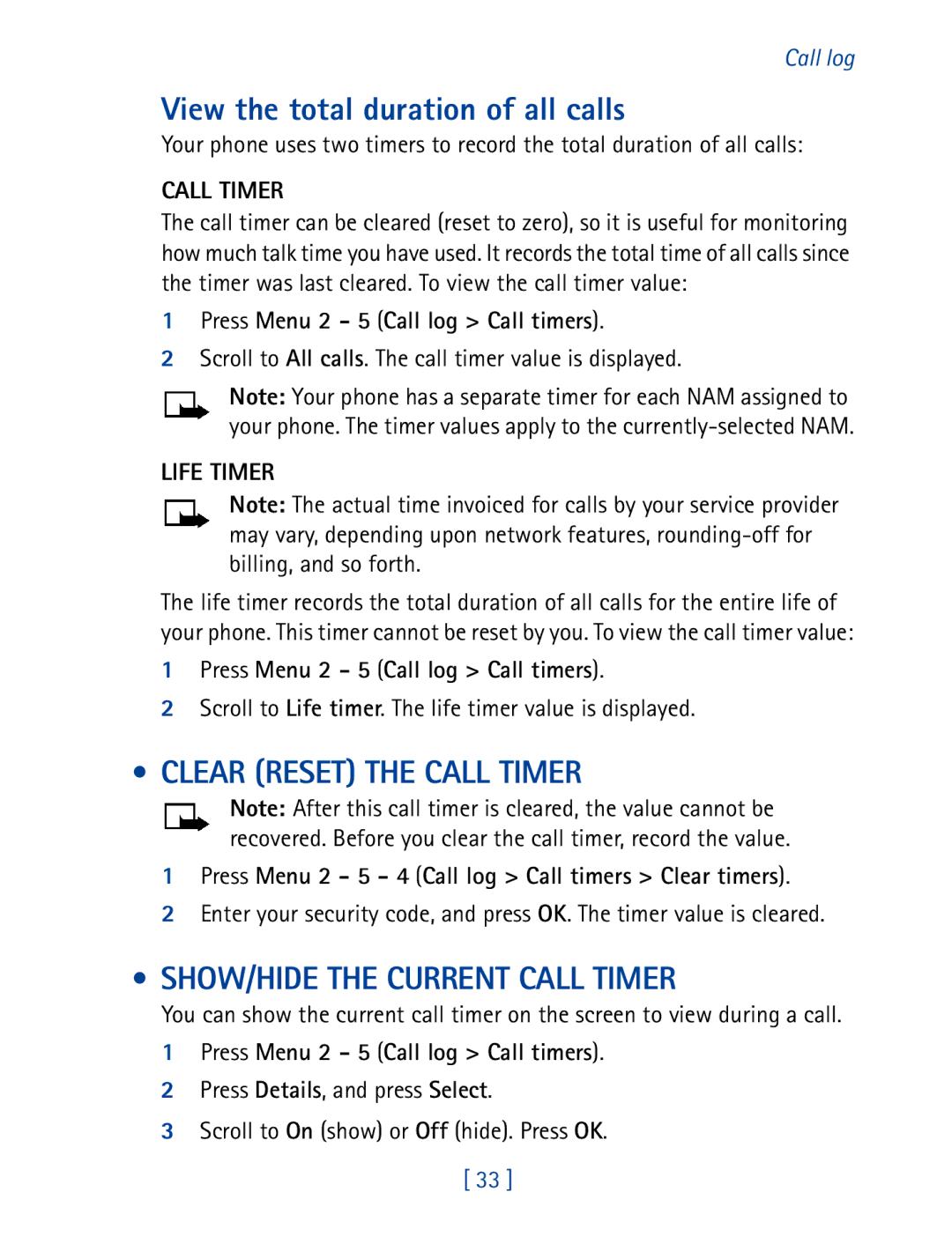 Nokia 8270 View the total duration of all calls, Clear Reset the Call Timer, SHOW/HIDE the Current Call Timer, Life Timer 