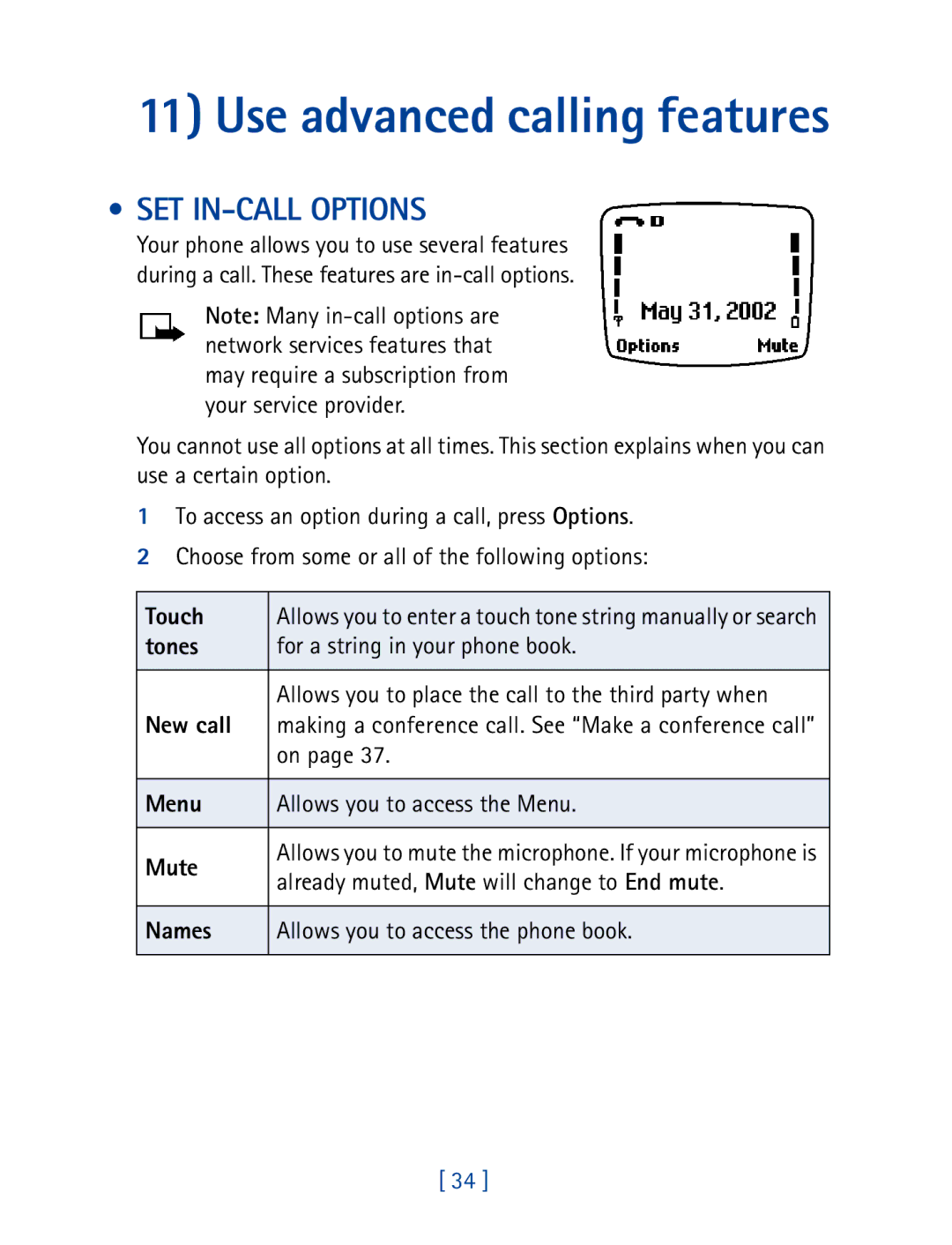 Nokia 8270 SET IN-CALL Options, Menu Allows you to access the Menu Mute, Already muted, Mute will change to End mute 