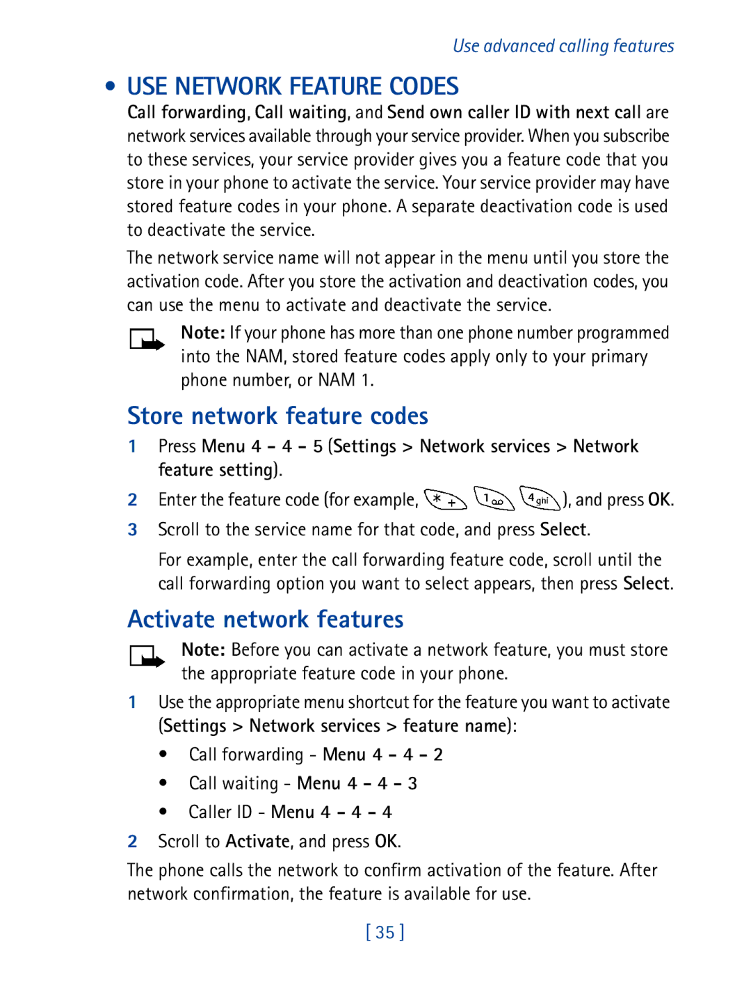 Nokia 8270 warranty USE Network Feature Codes, Store network feature codes, Activate network features, Caller ID Menu 4 4 