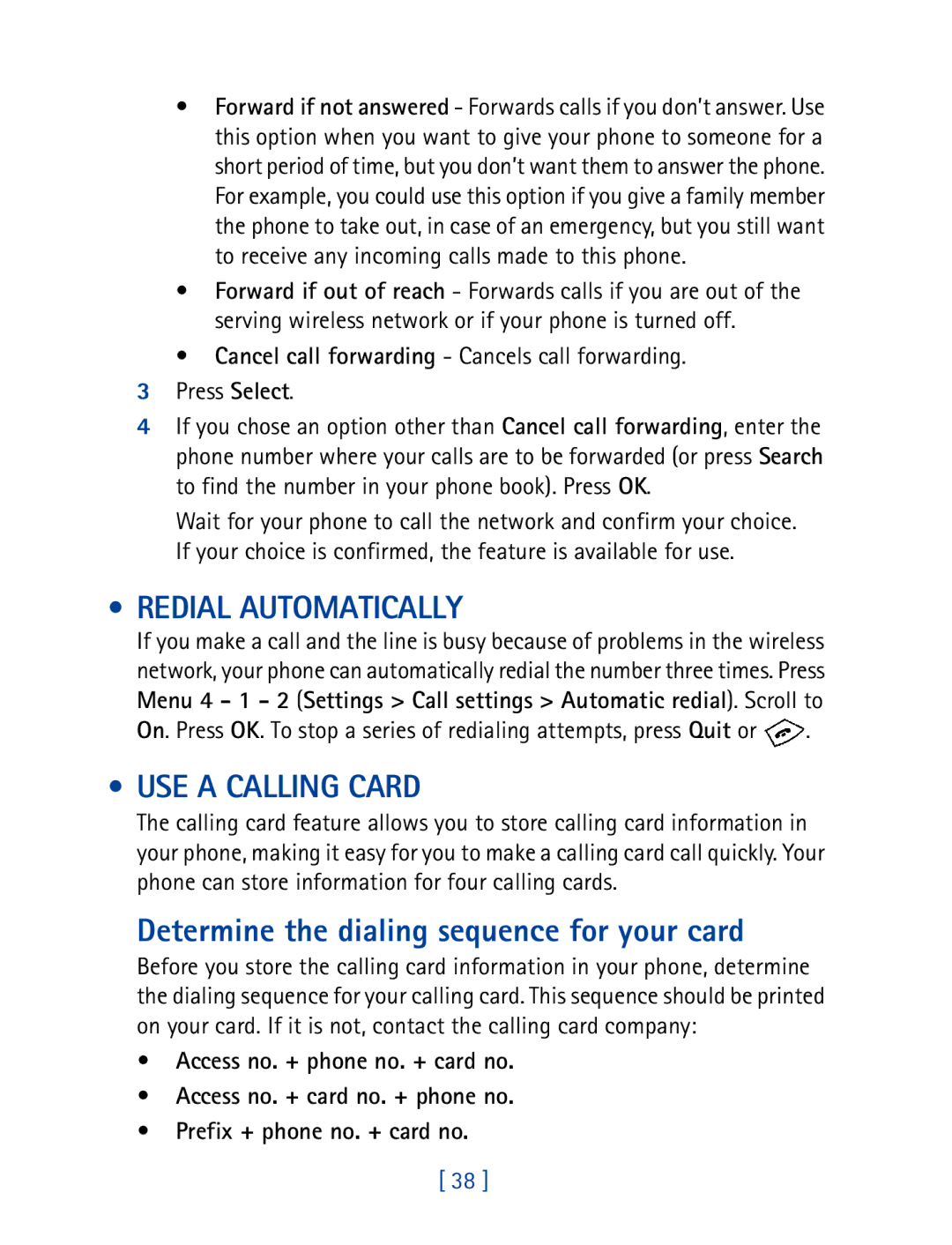 Nokia 8270 warranty Redial Automatically, USE a Calling Card, Determine the dialing sequence for your card 