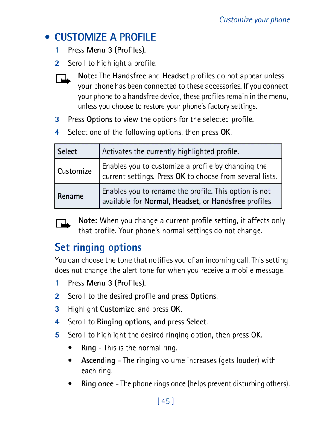 Nokia 8270 warranty Customize a Profile, Set ringing options 