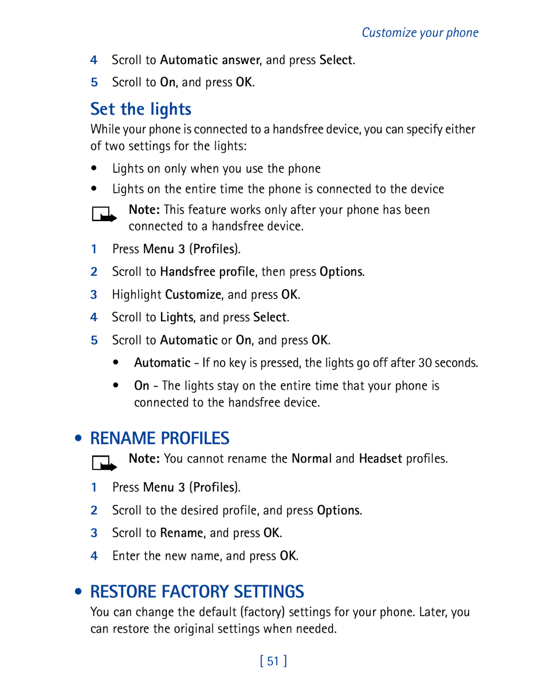 Nokia 8270 warranty Set the lights, Rename Profiles, Restore Factory Settings 