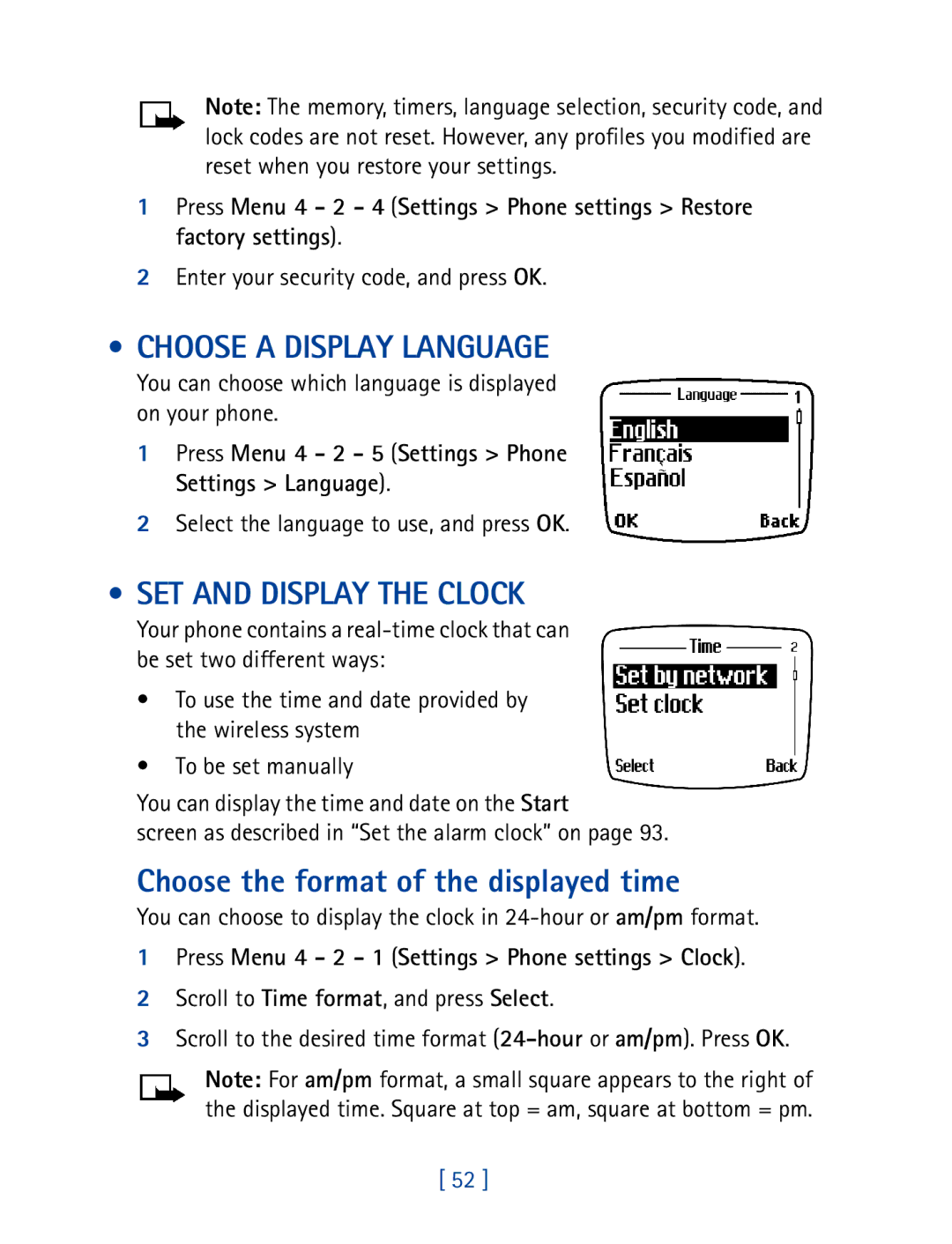 Nokia 8270 warranty Choose a Display Language, SET and Display the Clock, Choose the format of the displayed time 