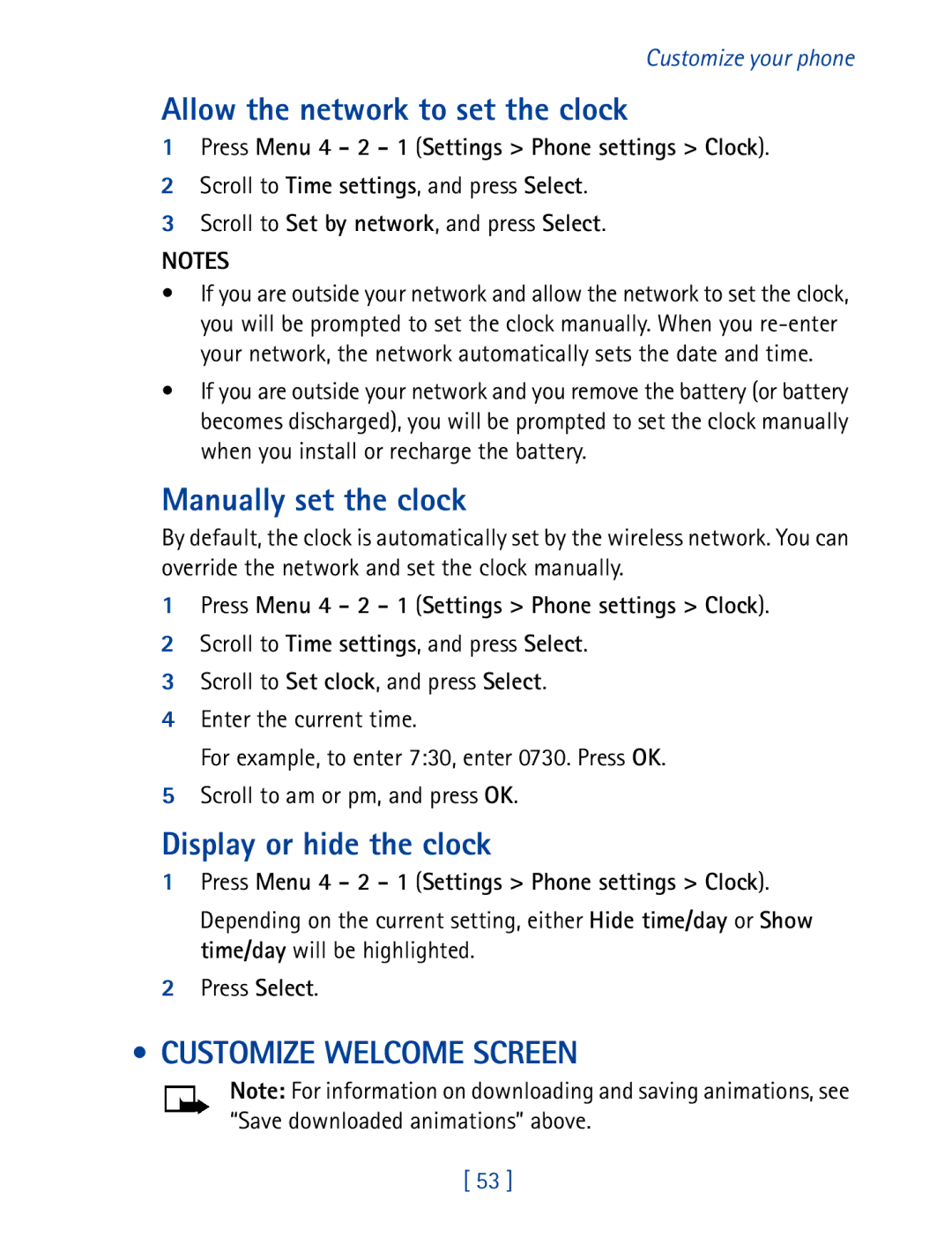 Nokia 8270 Allow the network to set the clock, Manually set the clock, Display or hide the clock, Customize Welcome Screen 