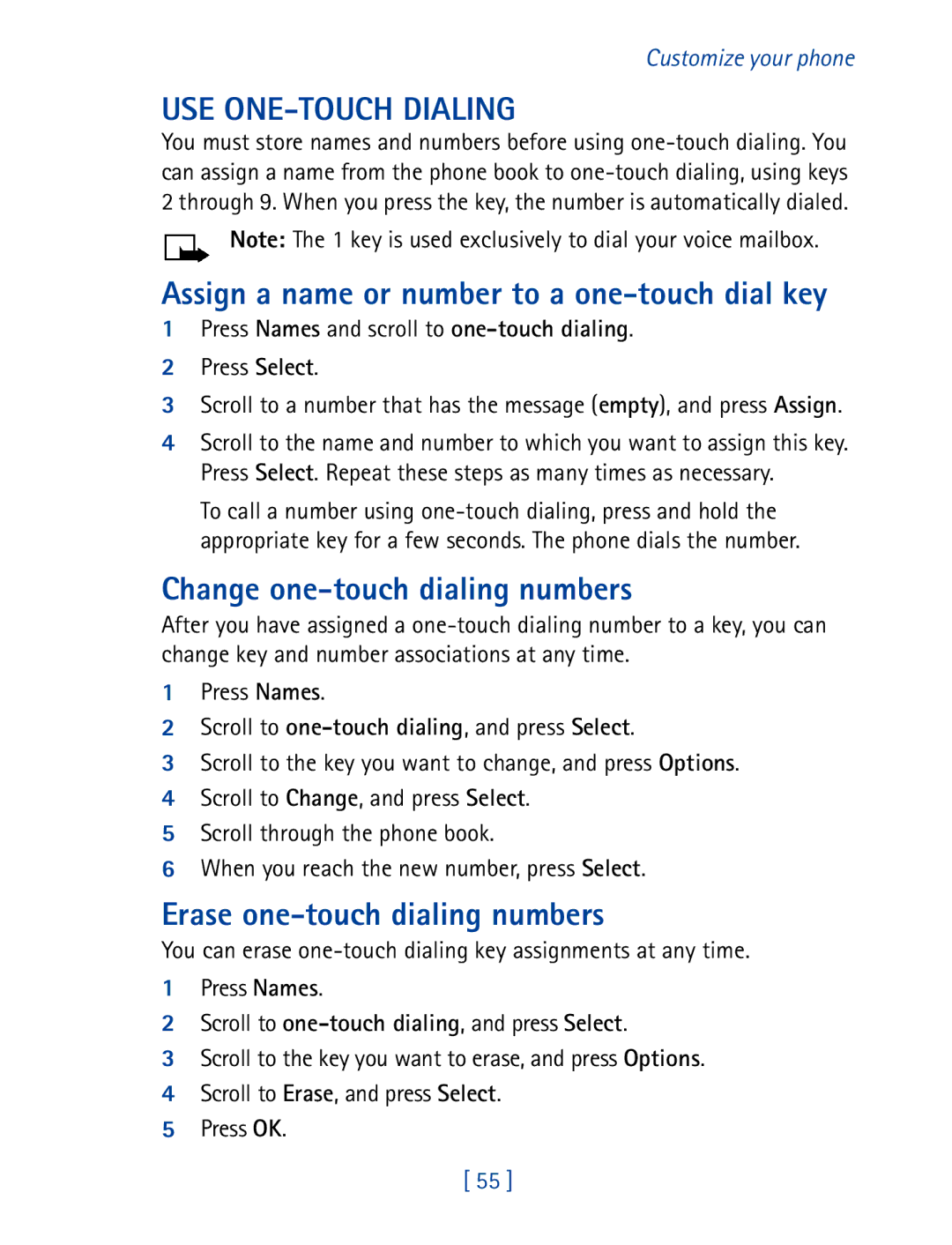 Nokia 8270 USE ONE-TOUCH Dialing, Assign a name or number to a one-touch dial key, Change one-touch dialing numbers 