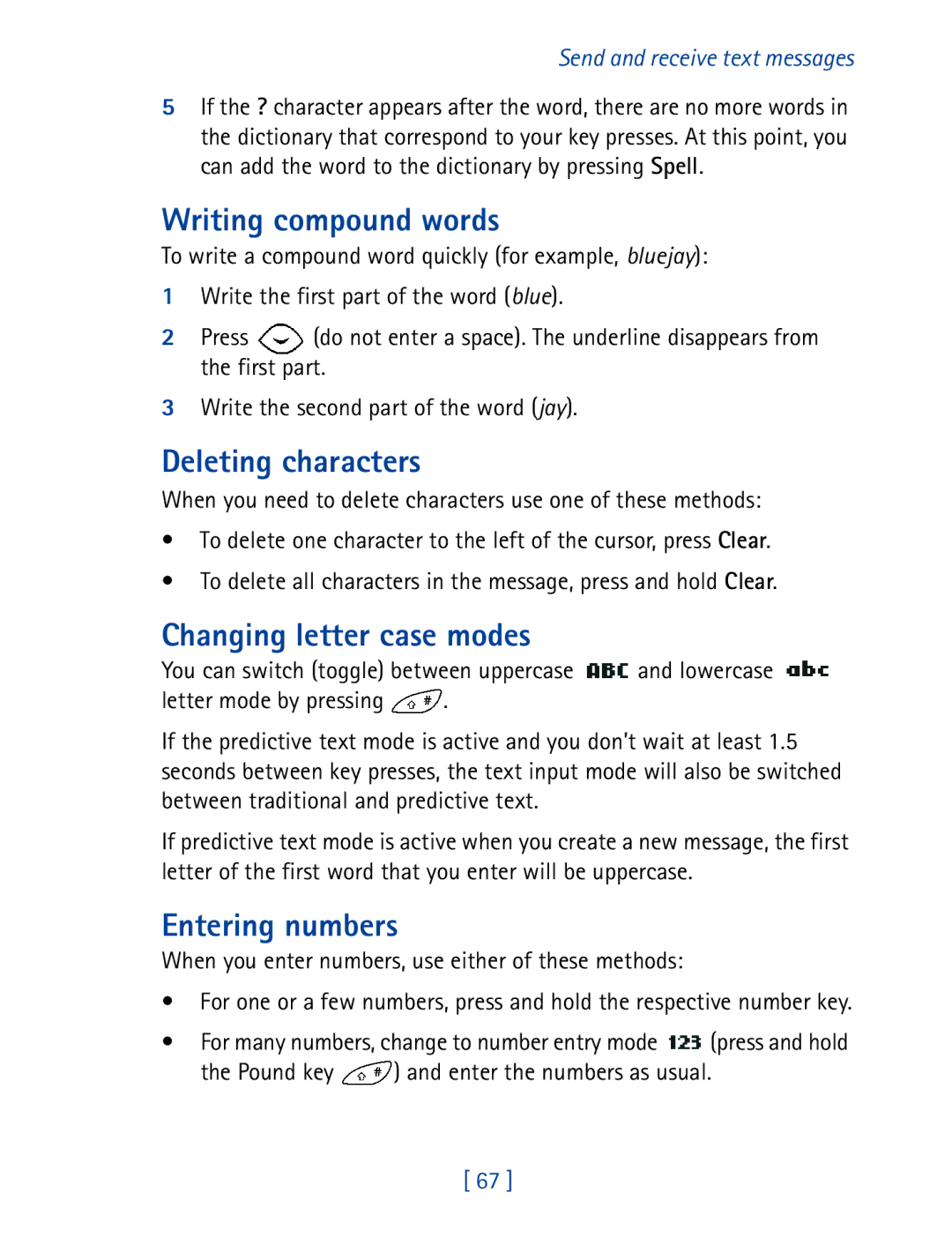 Nokia 8270 warranty Writing compound words, Deleting characters, Changing letter case modes, Entering numbers 