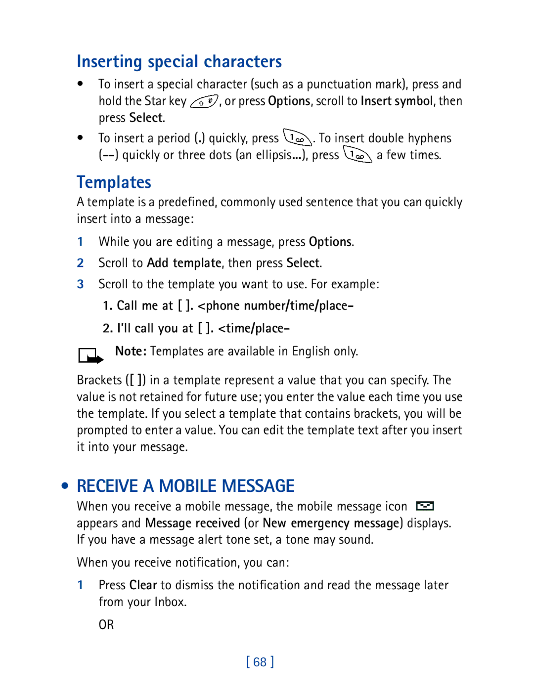 Nokia 8270 warranty Inserting special characters, Templates, Receive a Mobile Message 