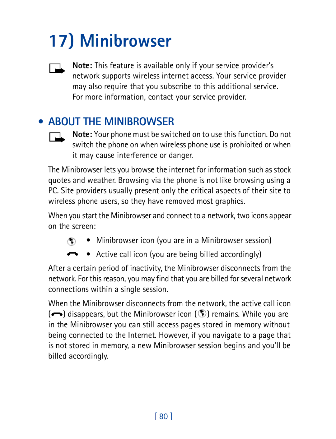 Nokia 8270 warranty About the Minibrowser 