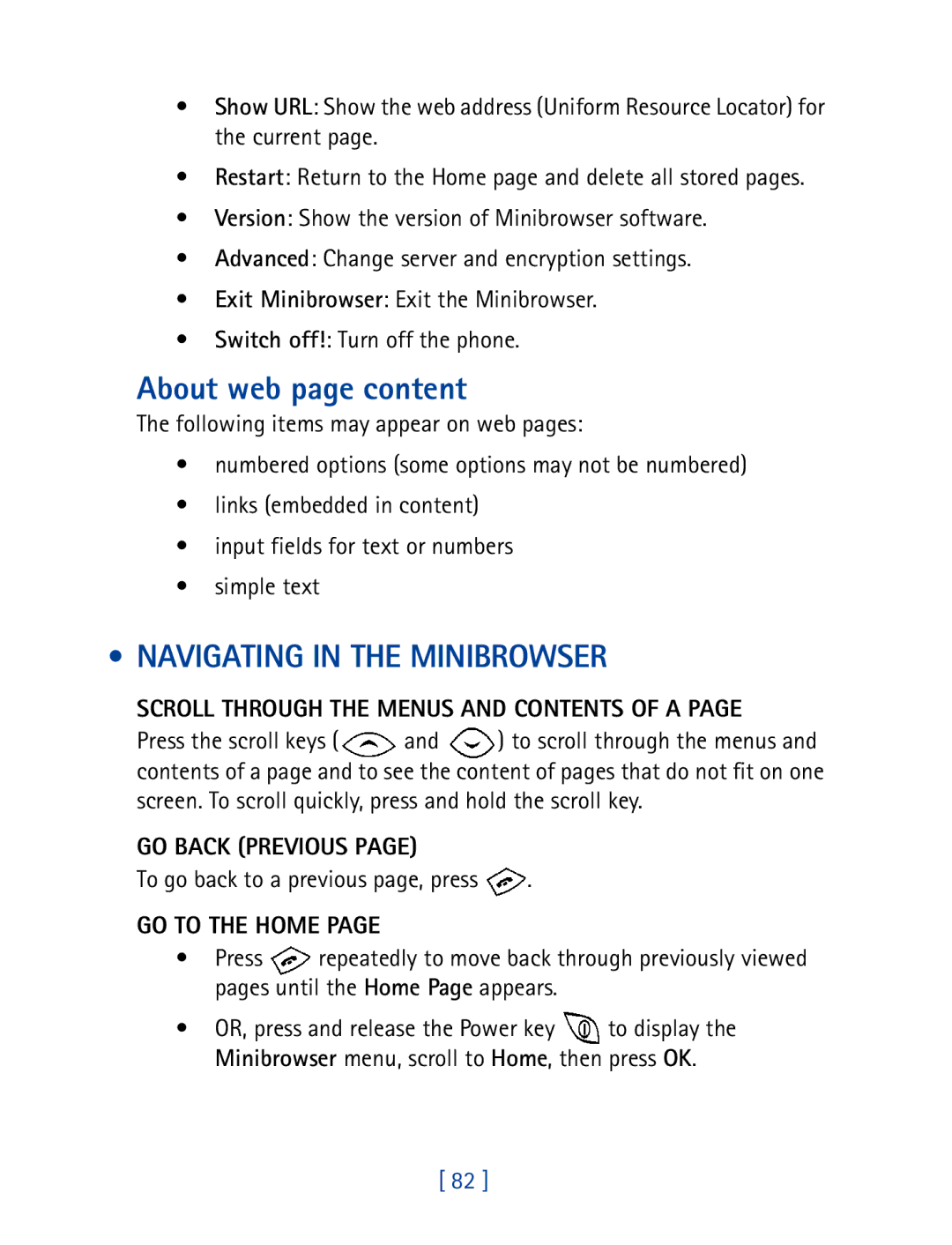 Nokia 8270 warranty About web page content, Navigating in the Minibrowser, Scroll Through the Menus and Contents of a 