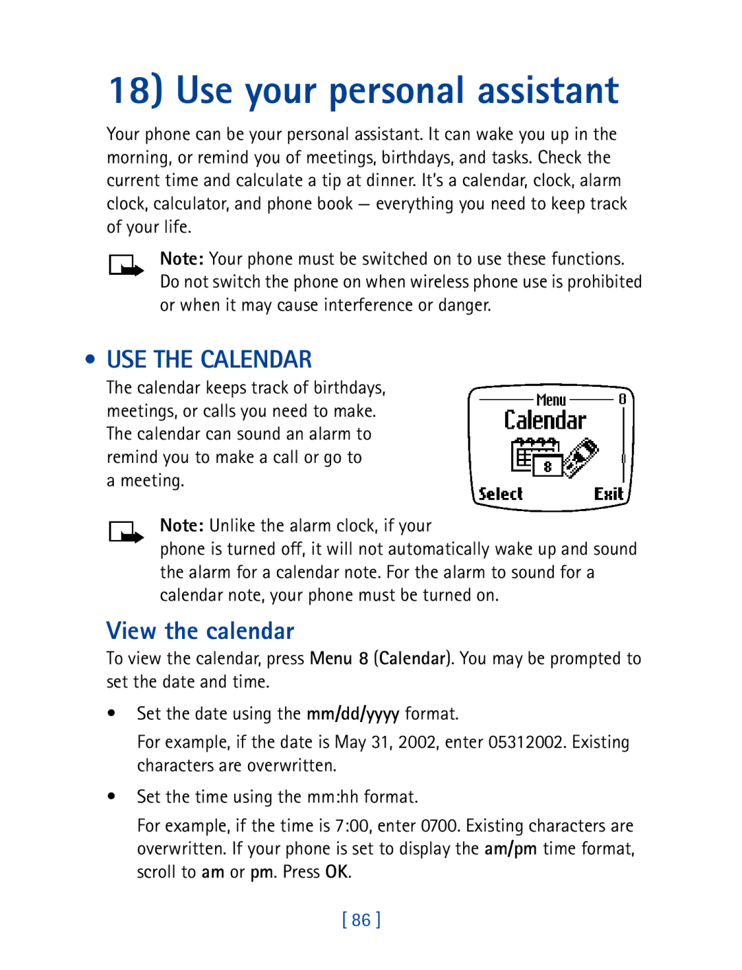 Nokia 8270 warranty Use your personal assistant, USE the Calendar, View the calendar, Meeting 