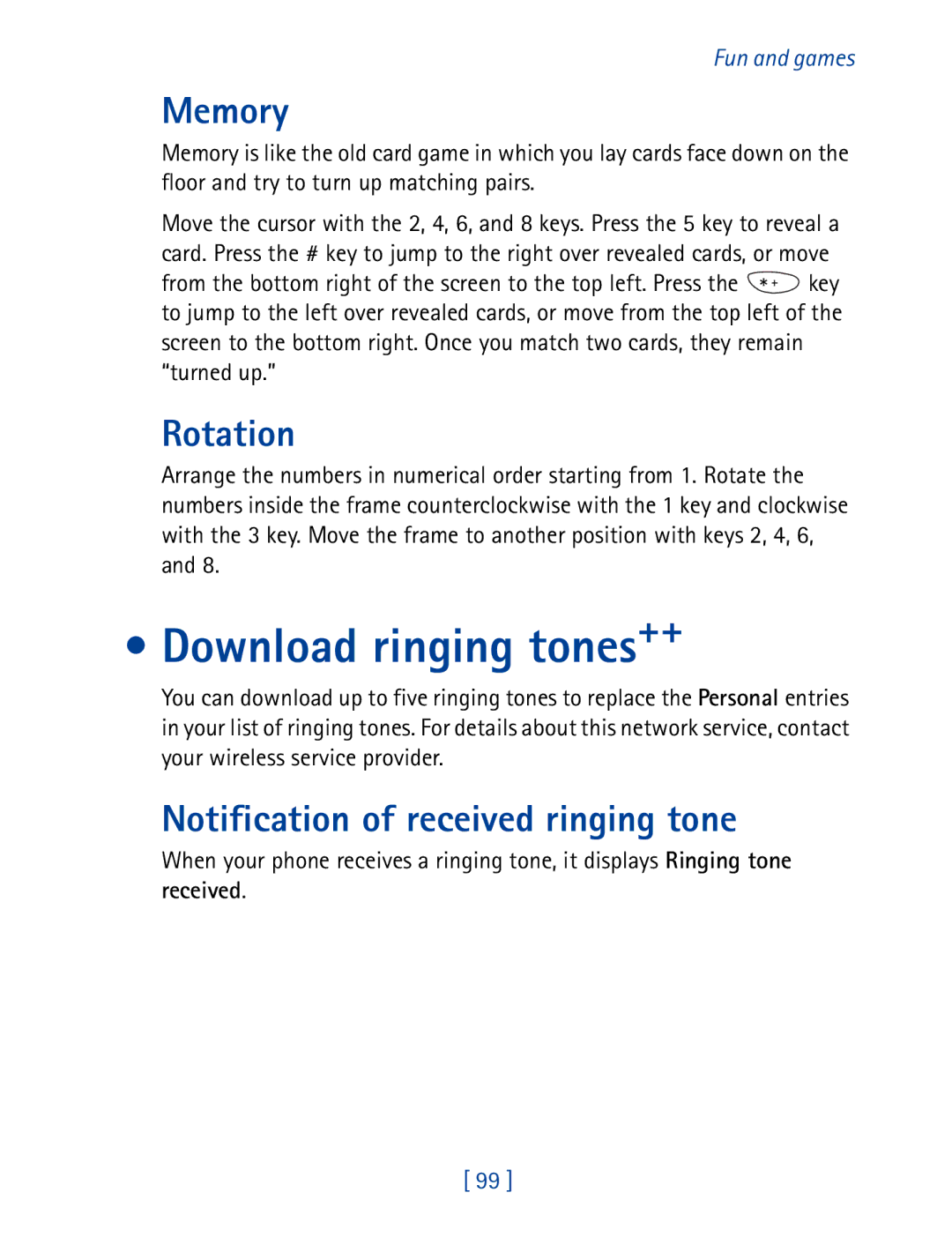 Nokia 8290 manual Download ringing tones++, Memory, Rotation, Notification of received ringing tone, Received 