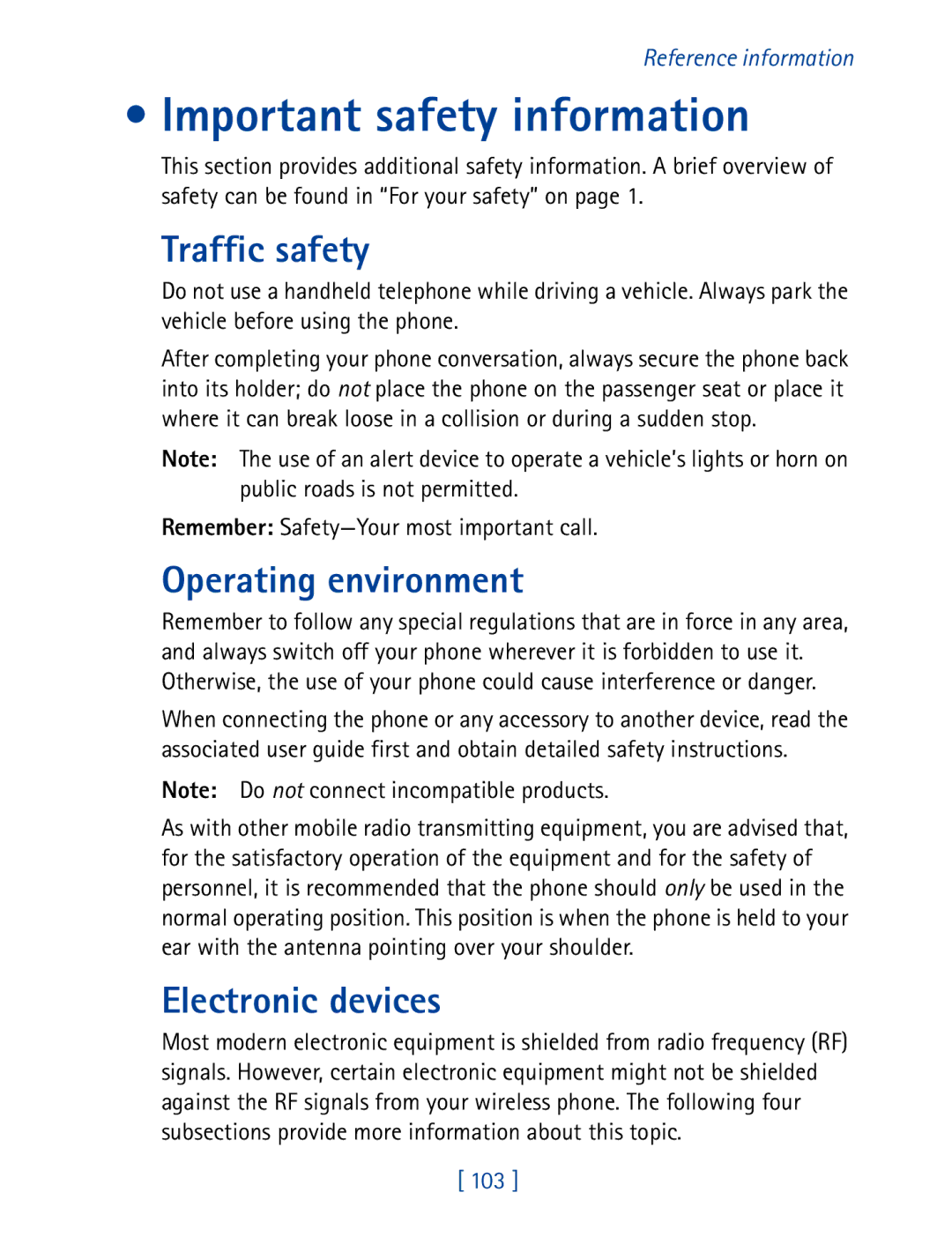 Nokia 8290 manual Important safety information, Traffic safety, Operating environment, Electronic devices 