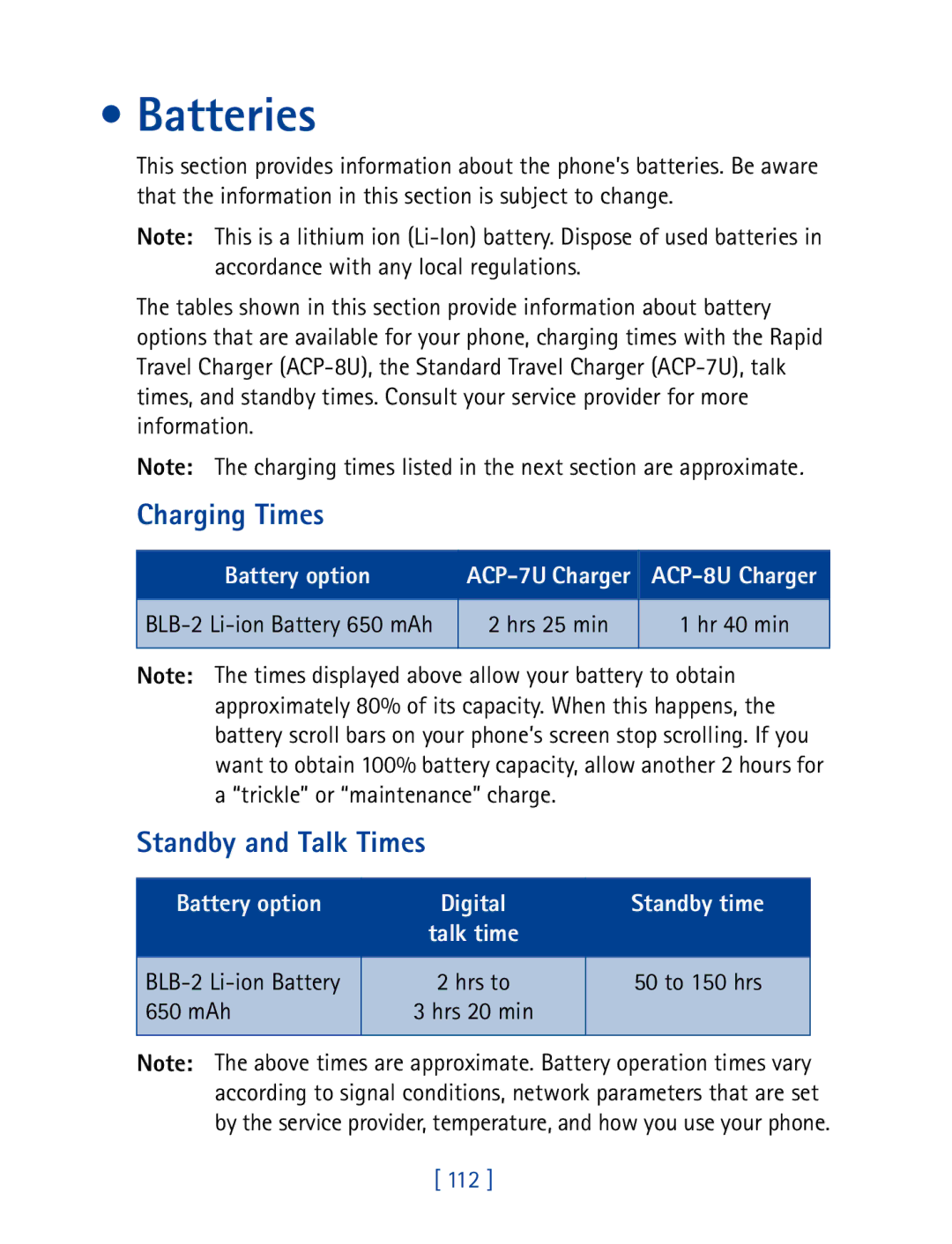 Nokia 8290 manual Batteries, Charging Times, Standby and Talk Times, 50 to 150 hrs, 650 mAh 