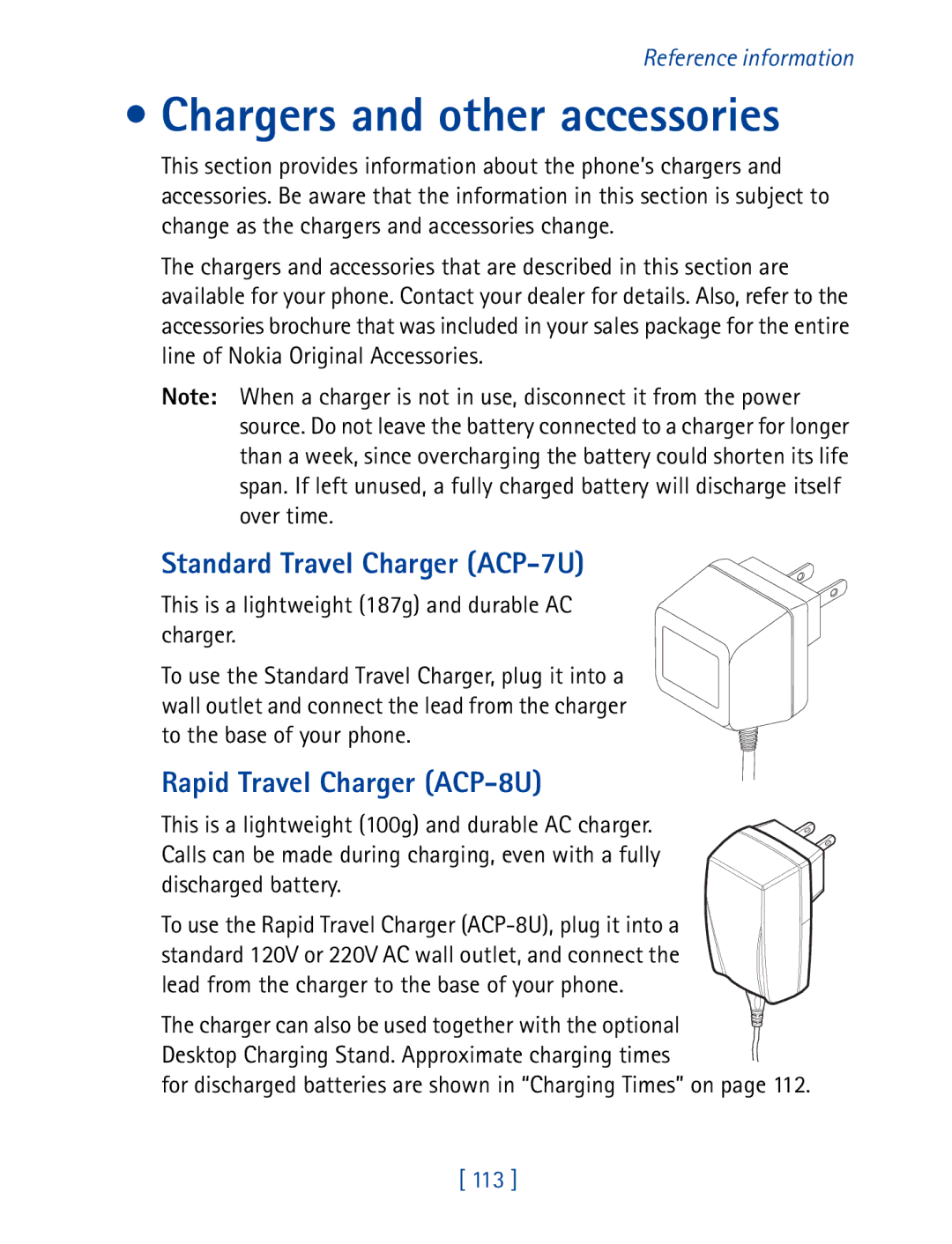 Nokia 8290 manual Chargers and other accessories, Standard Travel Charger ACP-7U, Rapid Travel Charger ACP-8U 