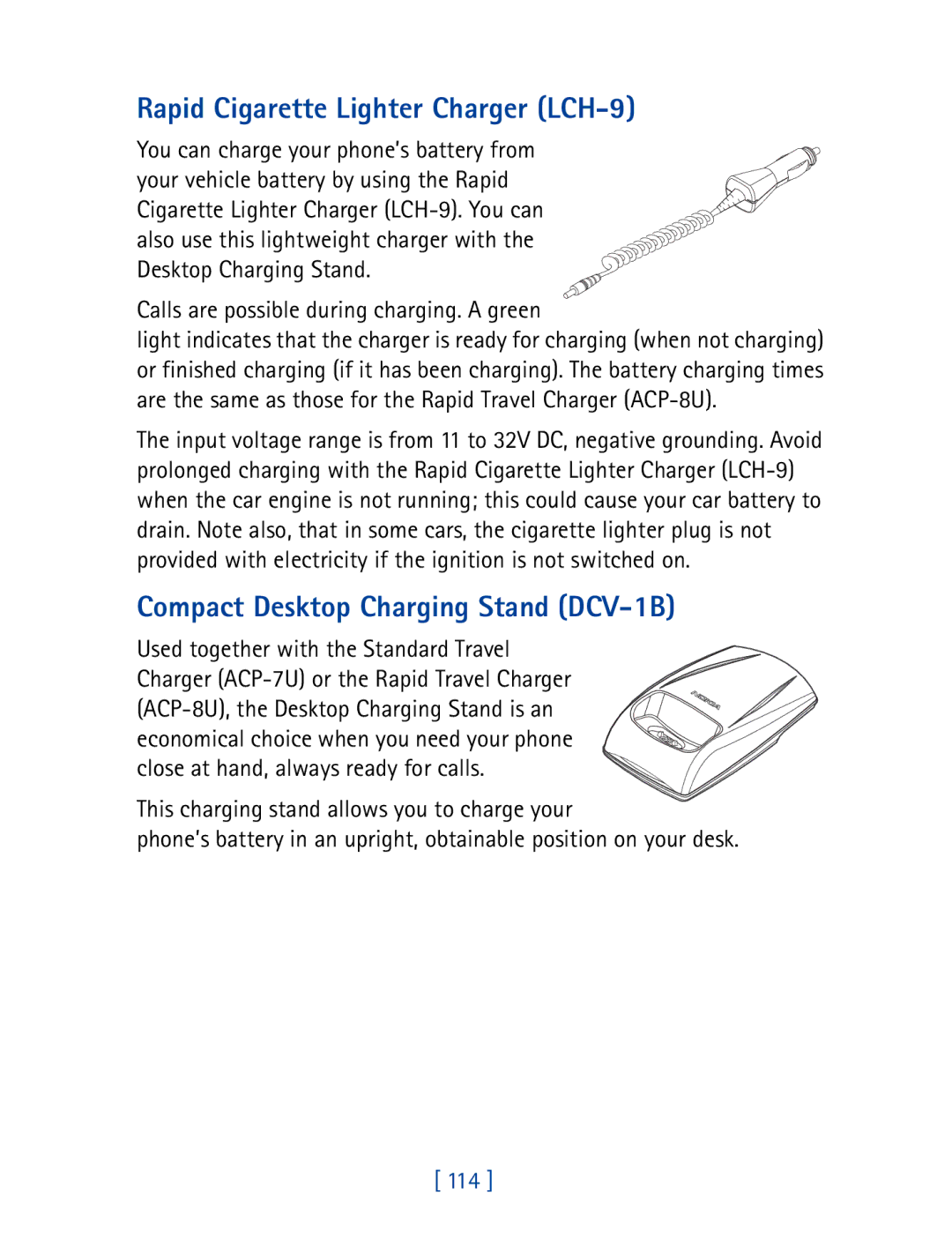 Nokia 8290 manual Rapid Cigarette Lighter Charger LCH-9, Compact Desktop Charging Stand DCV-1B 