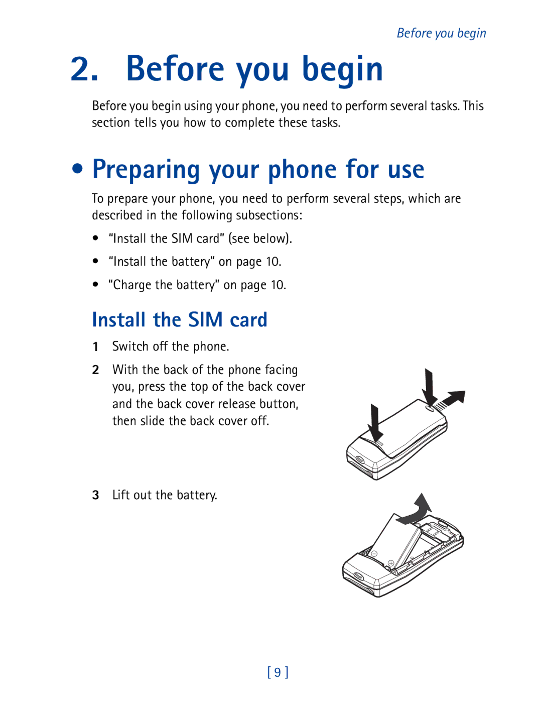 Nokia 8290 manual Before you begin, Preparing your phone for use, Install the SIM card, Switch off the phone 